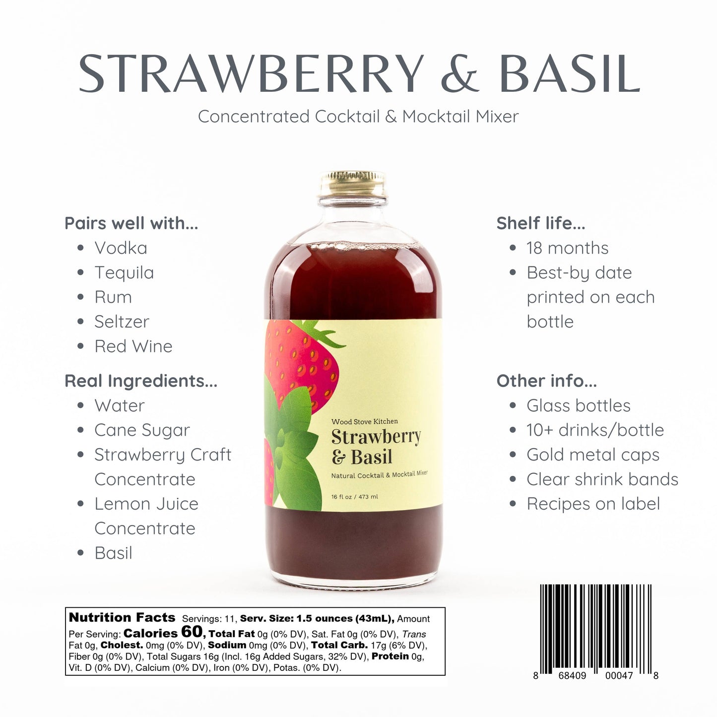 Strawberry & Basil Cocktail and Mocktail Mixer, 16 fl oz