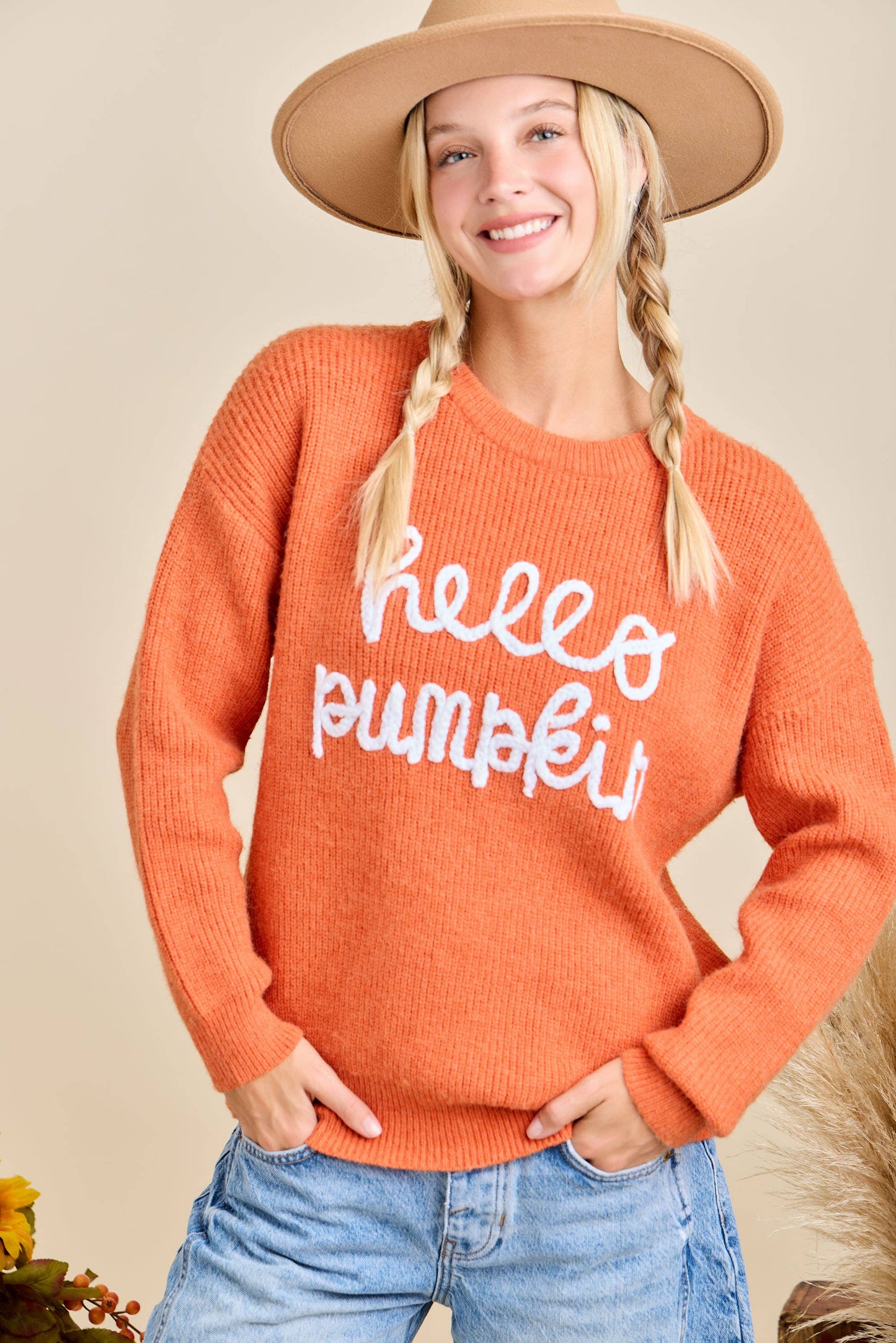 Hello Pumpkin Embroidered Knit Sweater – Fall Cozy Pullover