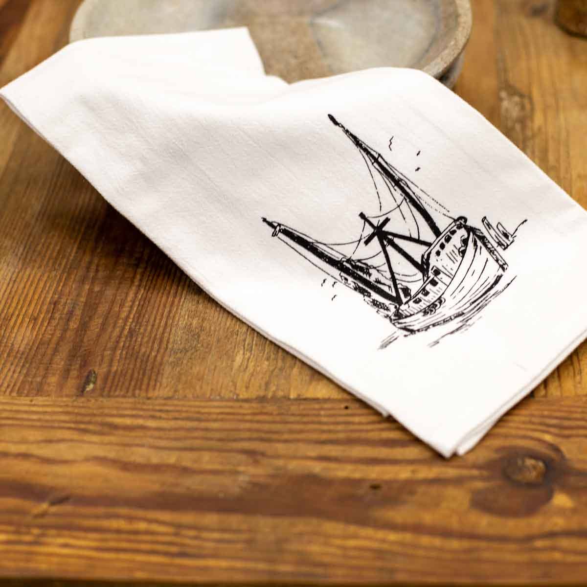 Shrimp Boat Flour Sack Hand Towel White/Black 20x28