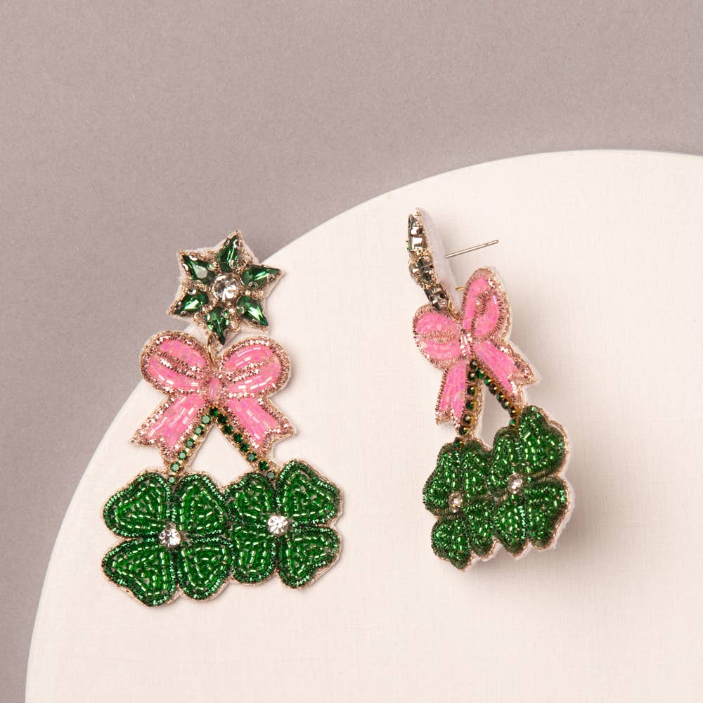 Four Leaf Clover Earrings With Pink Bow and Star