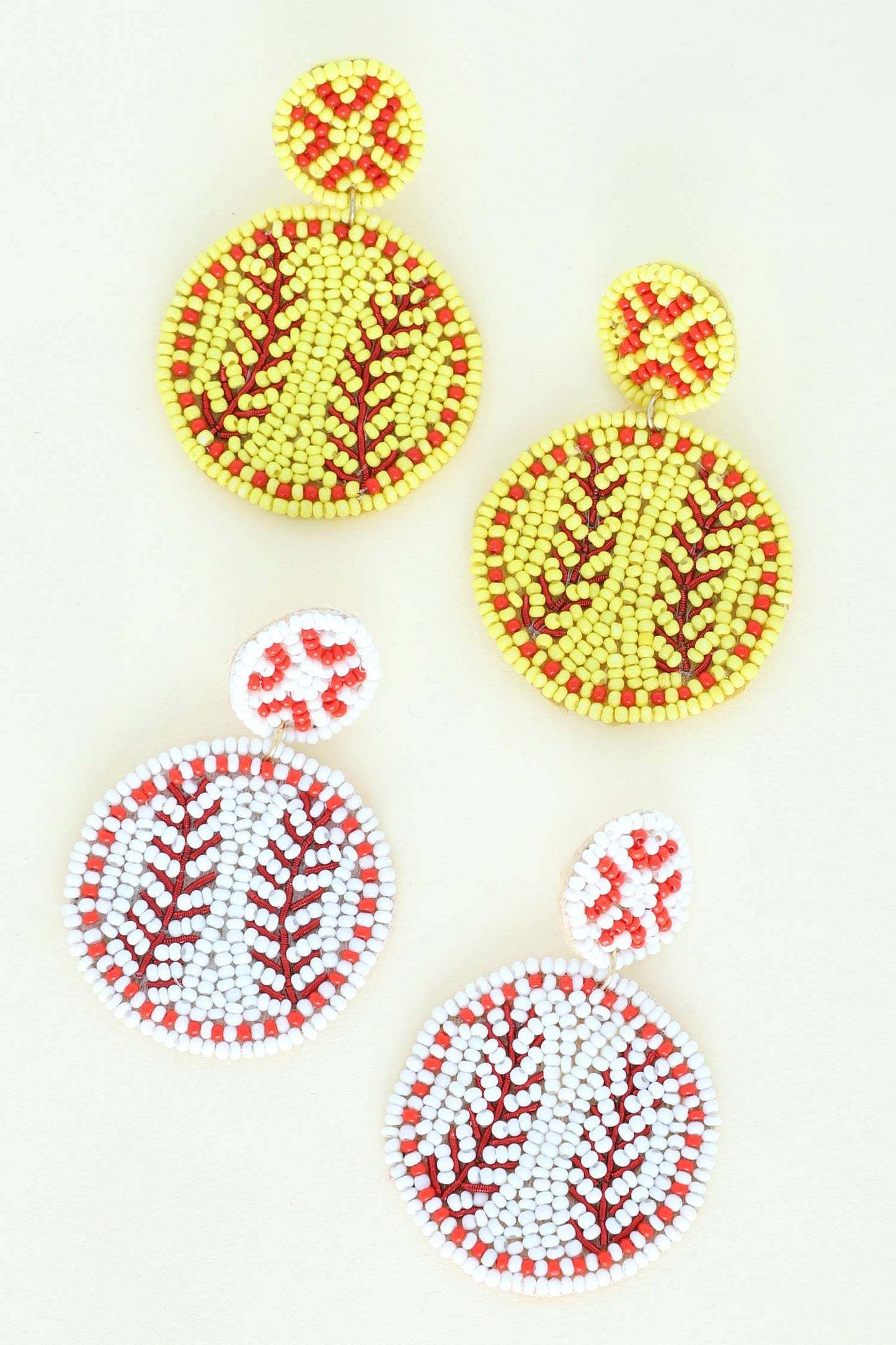 Yellow/Red Embroidery Beaded Softball Dangle Drop Earrings