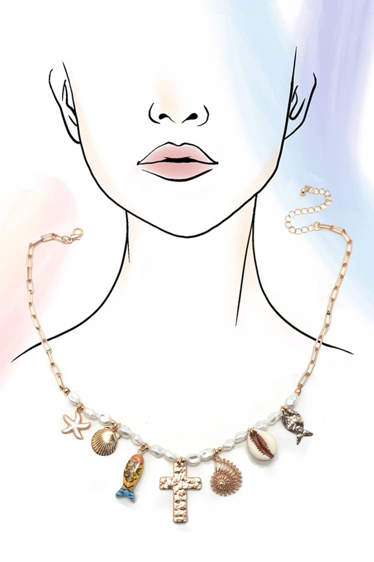 CHARM NECKLACE-PORCELAIN FISH CROSS PEARL