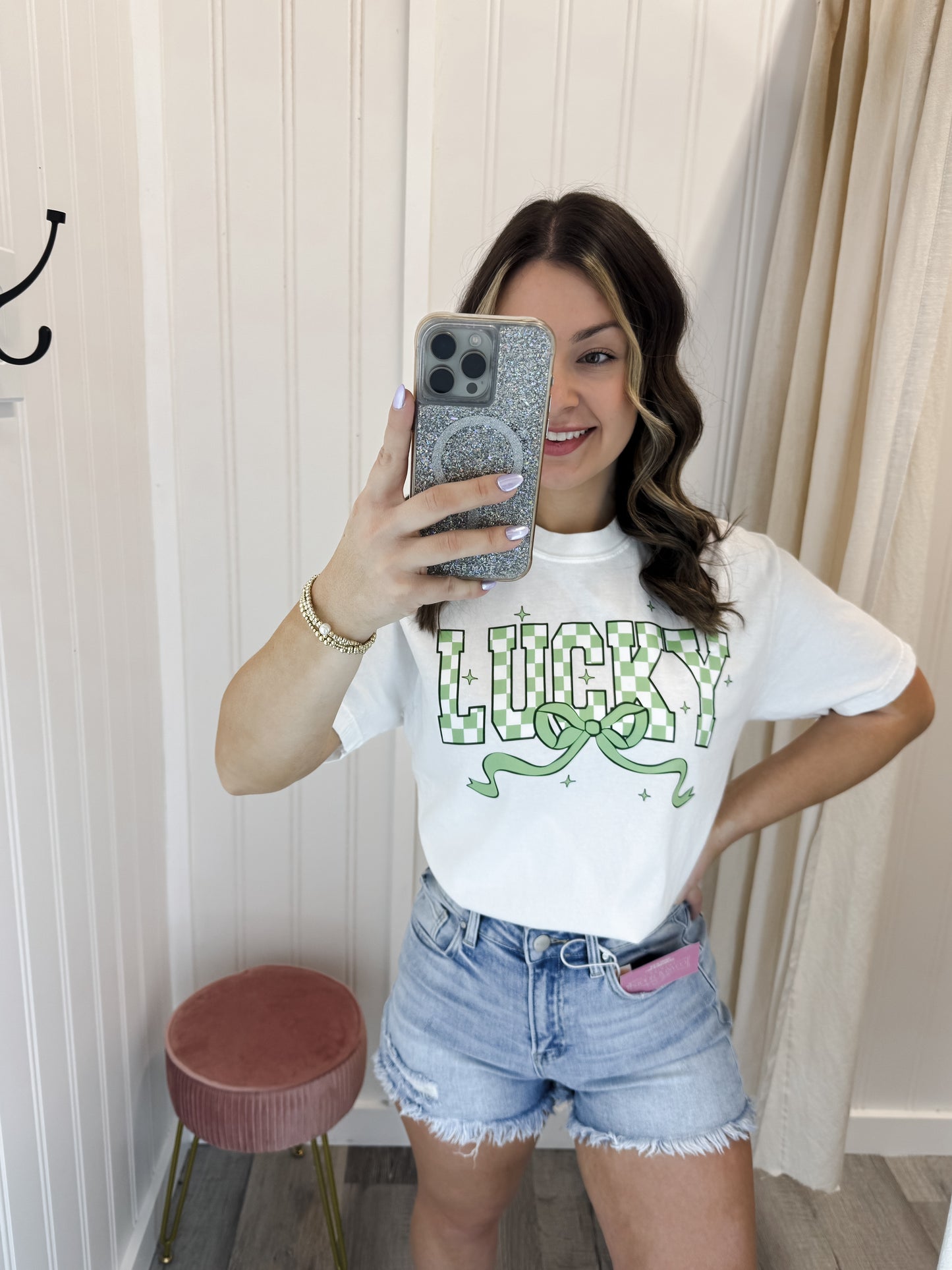 Lucky Checkered Coquette Tee/Sweatshirt