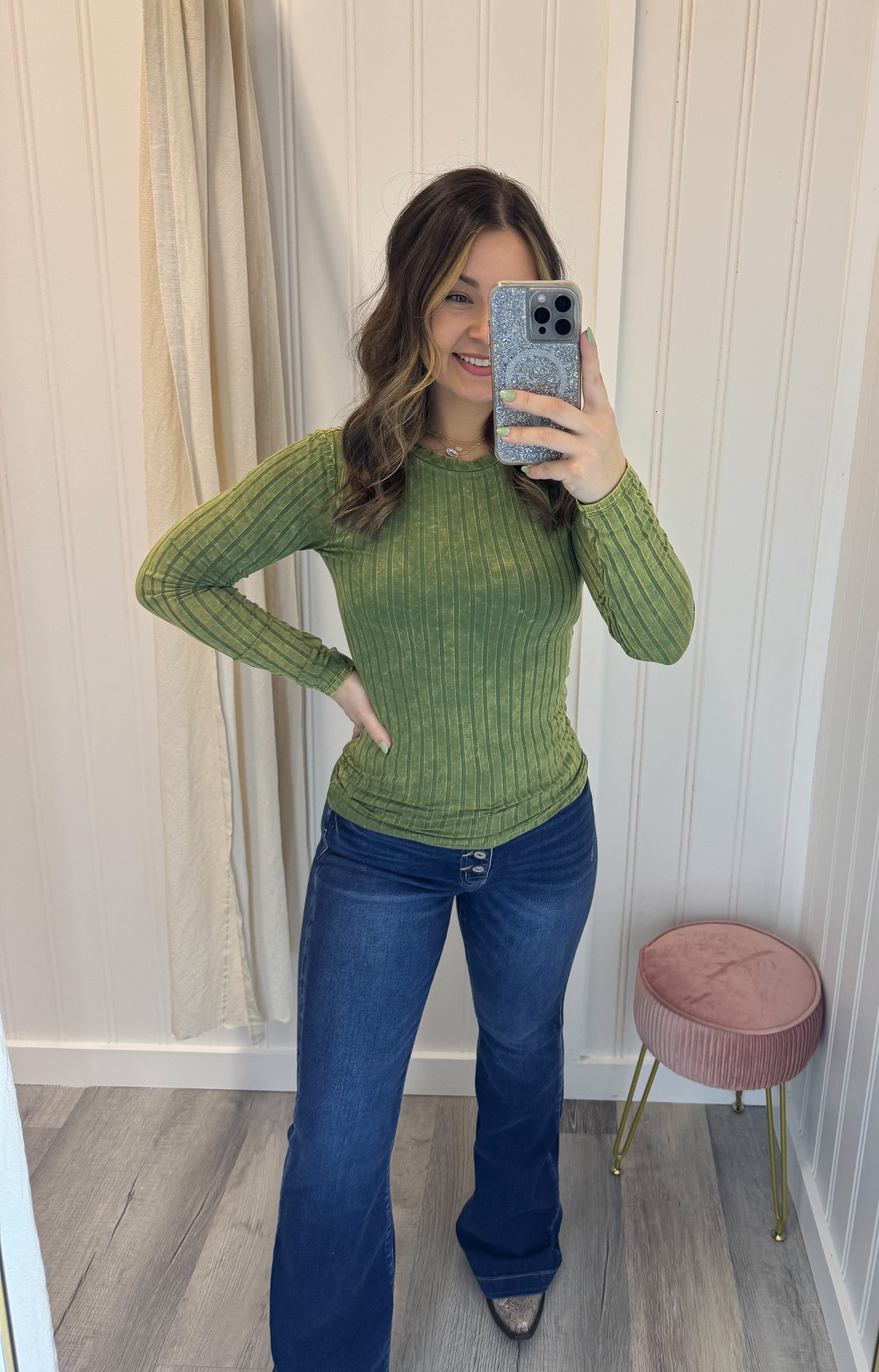 Olive Ribbed Long Sleeve Top