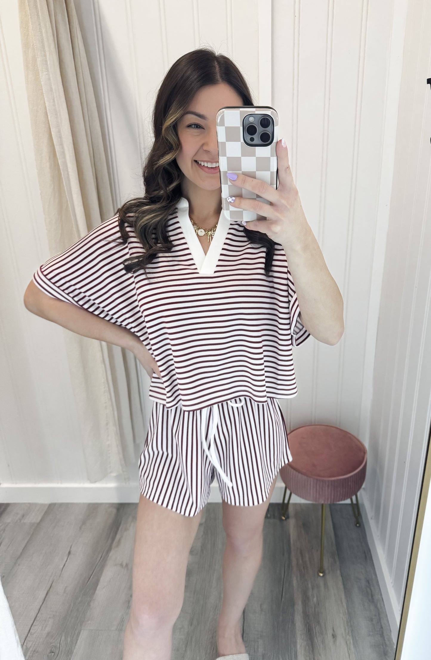 Striped Collared Top & Shorts Set