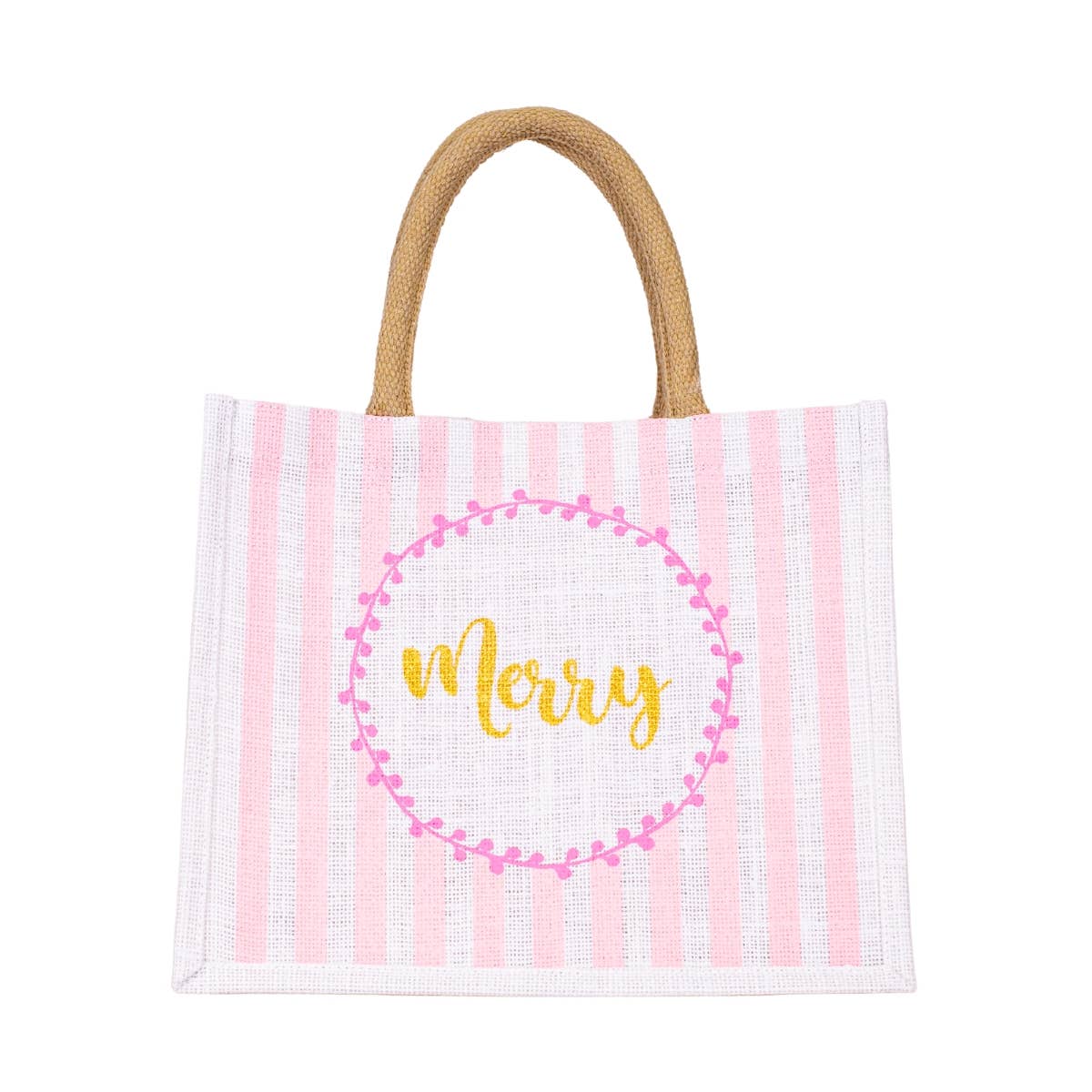 Merry Stripe Gift Tote Pink/White/Gold 12x10x8