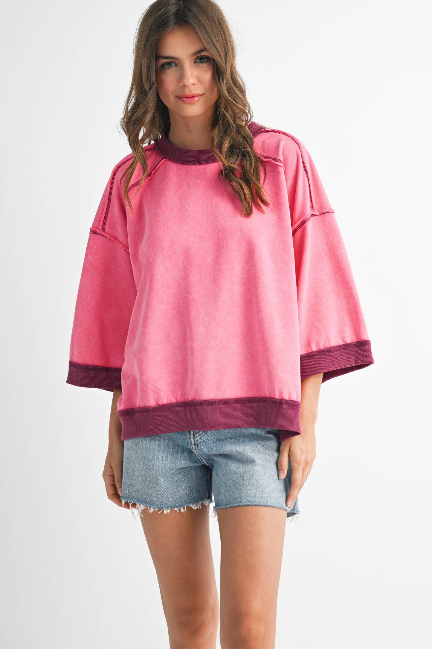 Washed Contrast Trim Boxy Sweatshirt Top