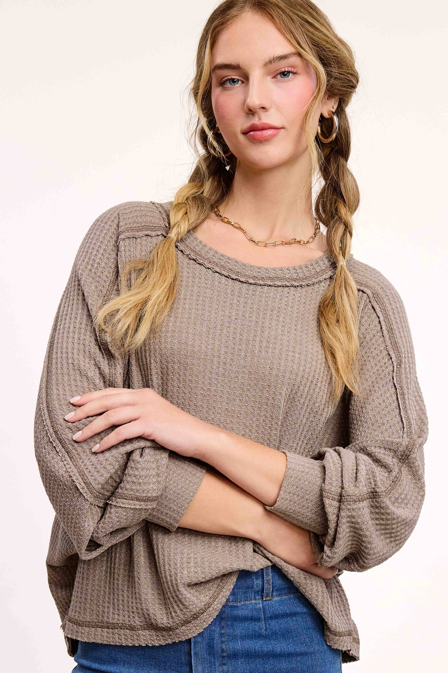 Brushed Waffle Fabric Loose Fit Long Sleeve Top