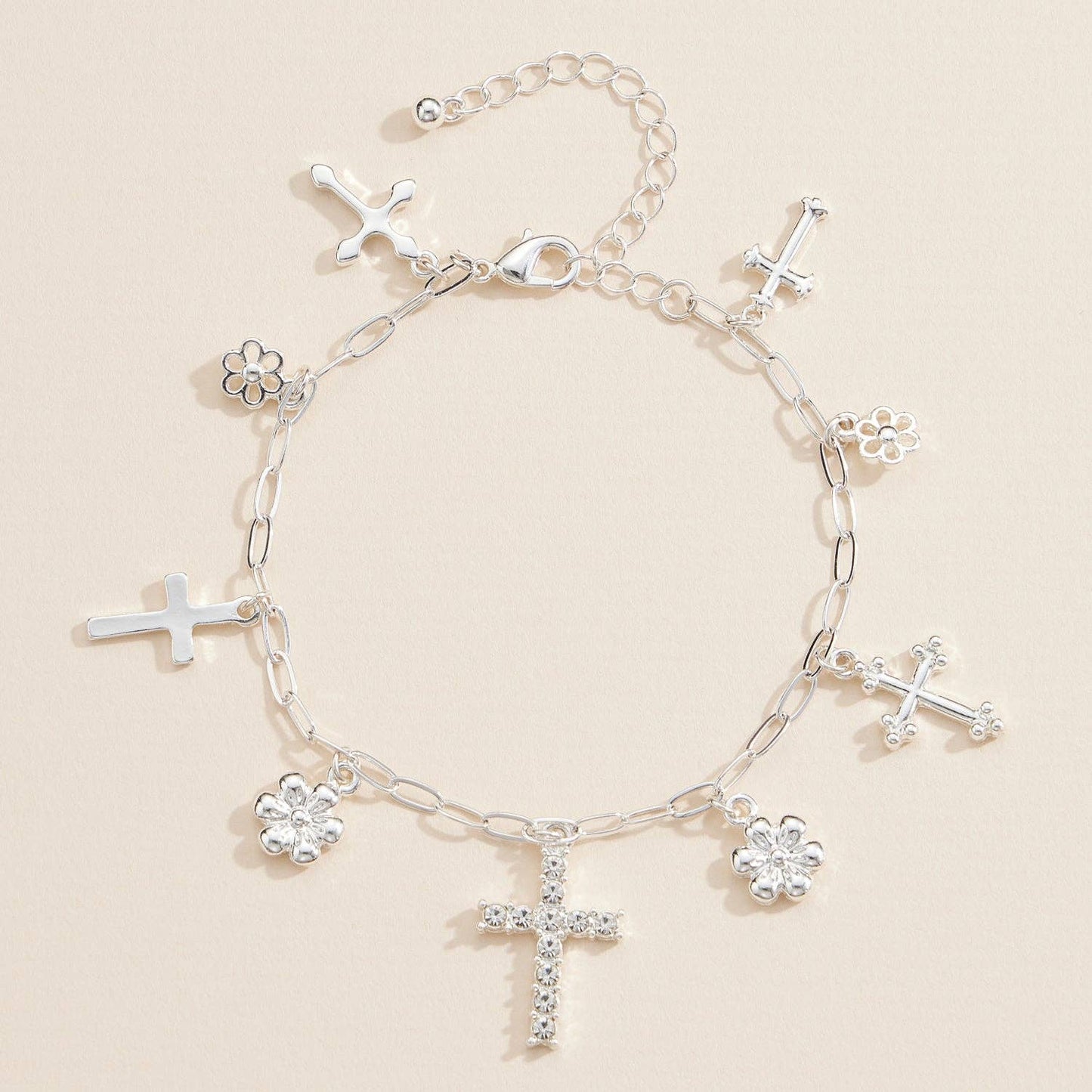 Gold and Silver Charm Bracelet with Different Style Cross and Floral Pendants – Fashion Jewelry