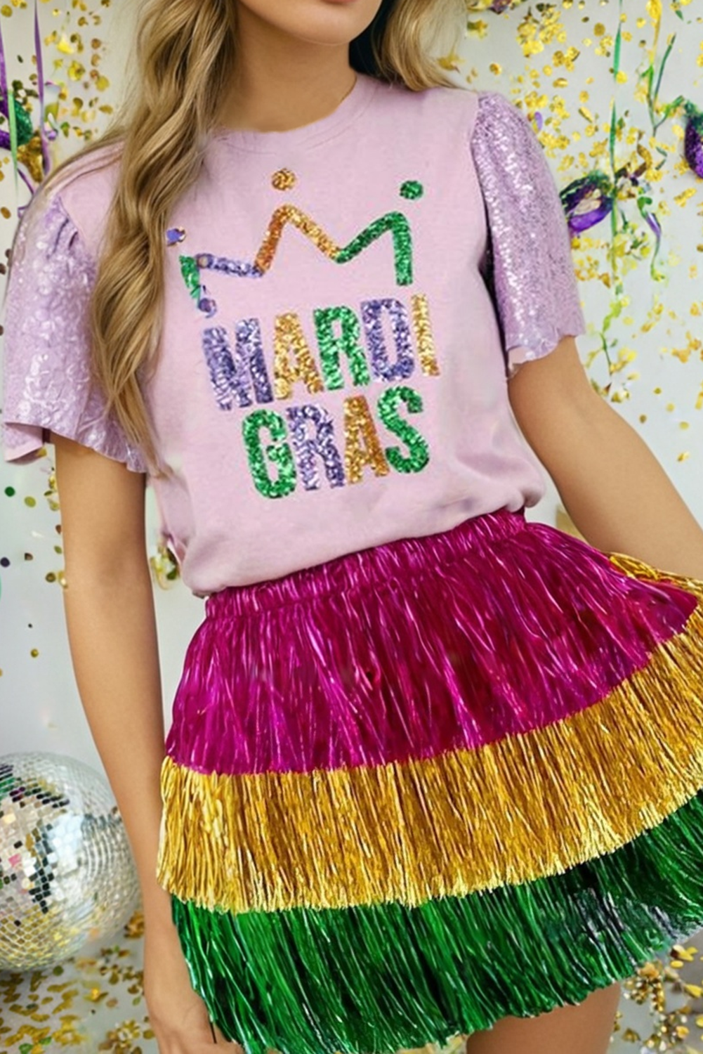 LDC Sequined MARDO GRAS Graphic Patchwork T Shirt