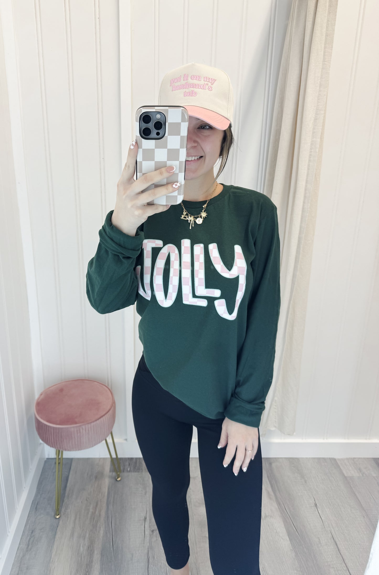 Pink & Green Checkered Jolly Long Sleeve Tee
