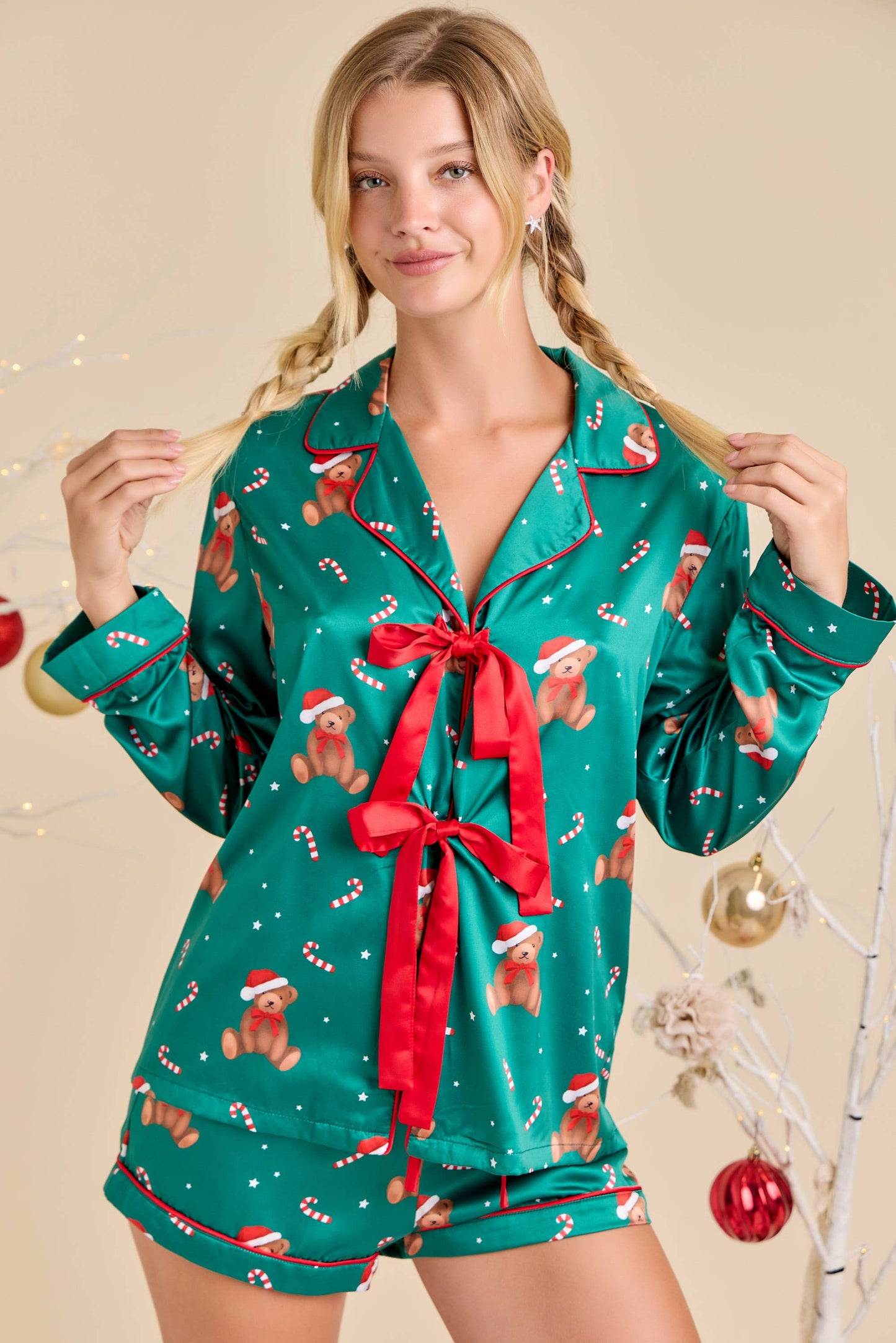 Green Teddy Bear Satin Pajama Set with Red Bow
