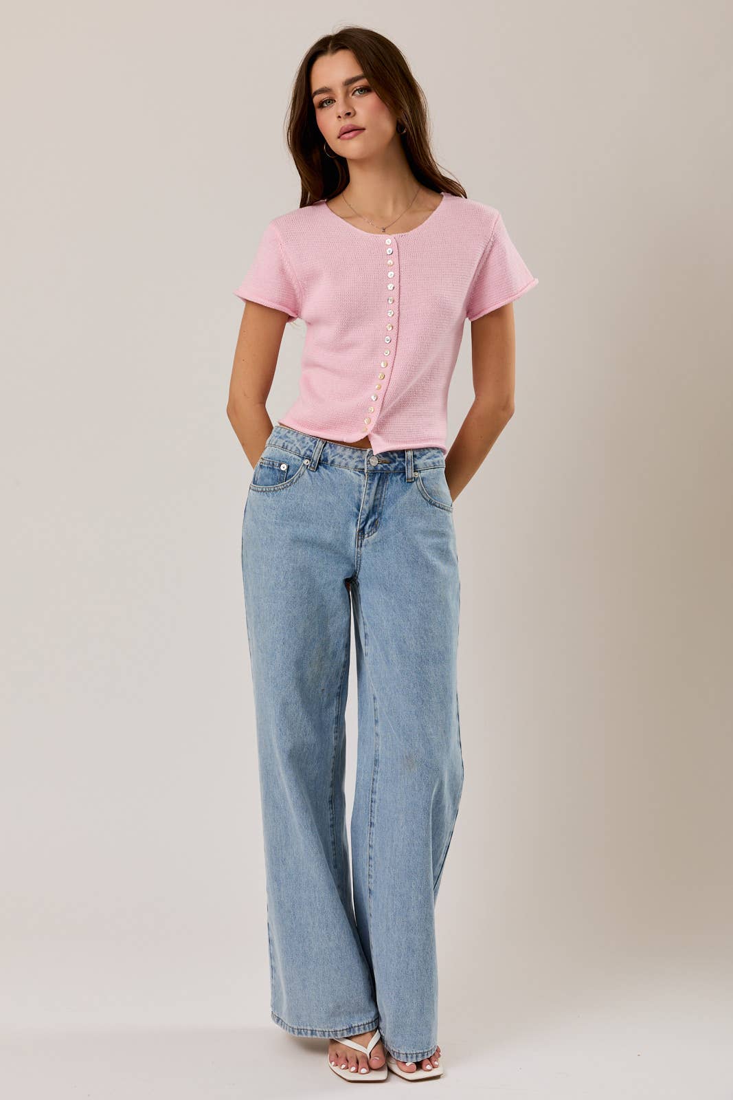 CAP SLEEVE ROUND NECK BUTTON DOWN SWEATER TOP