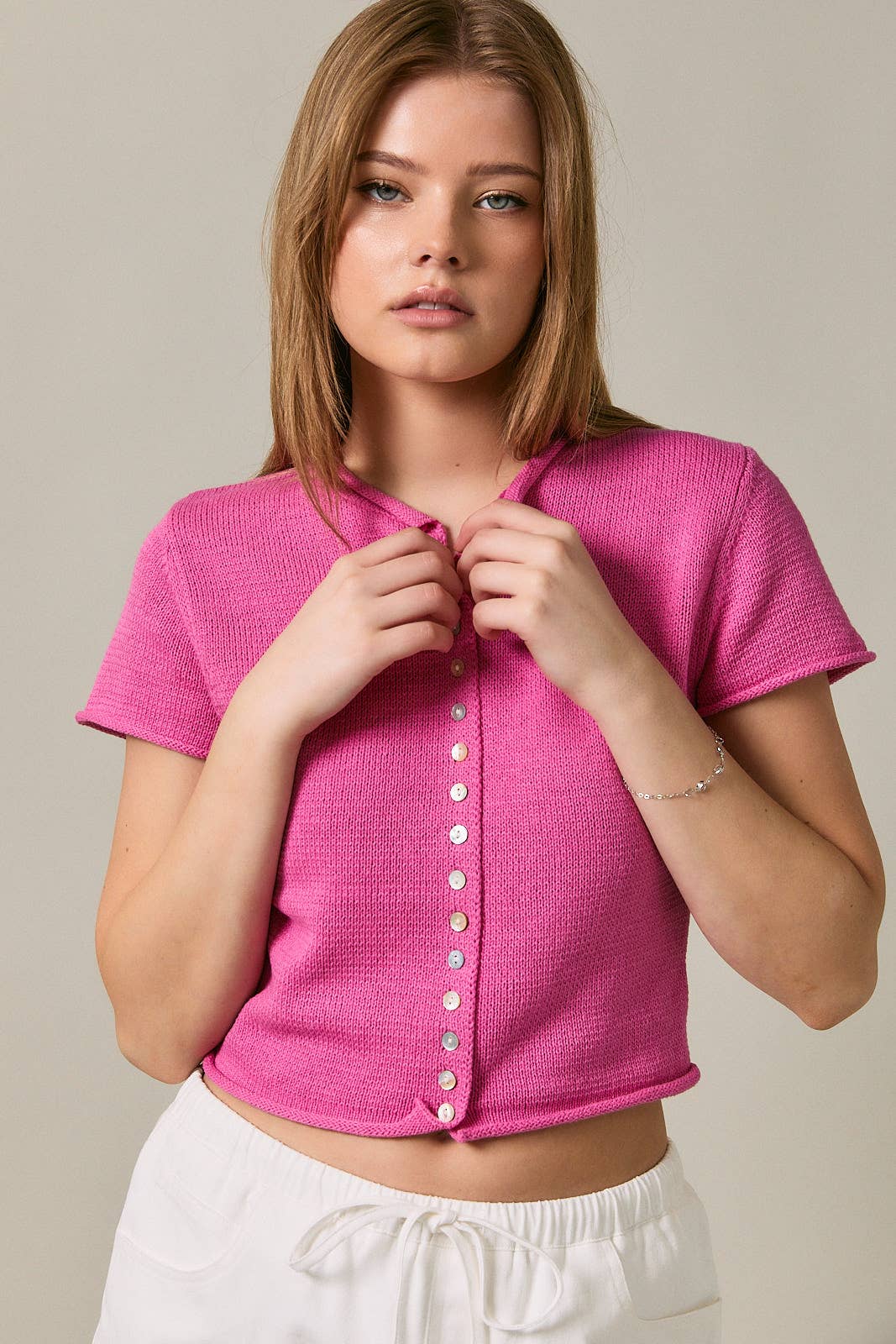CAP SLEEVE ROUND NECK BUTTON DOWN SWEATER TOP