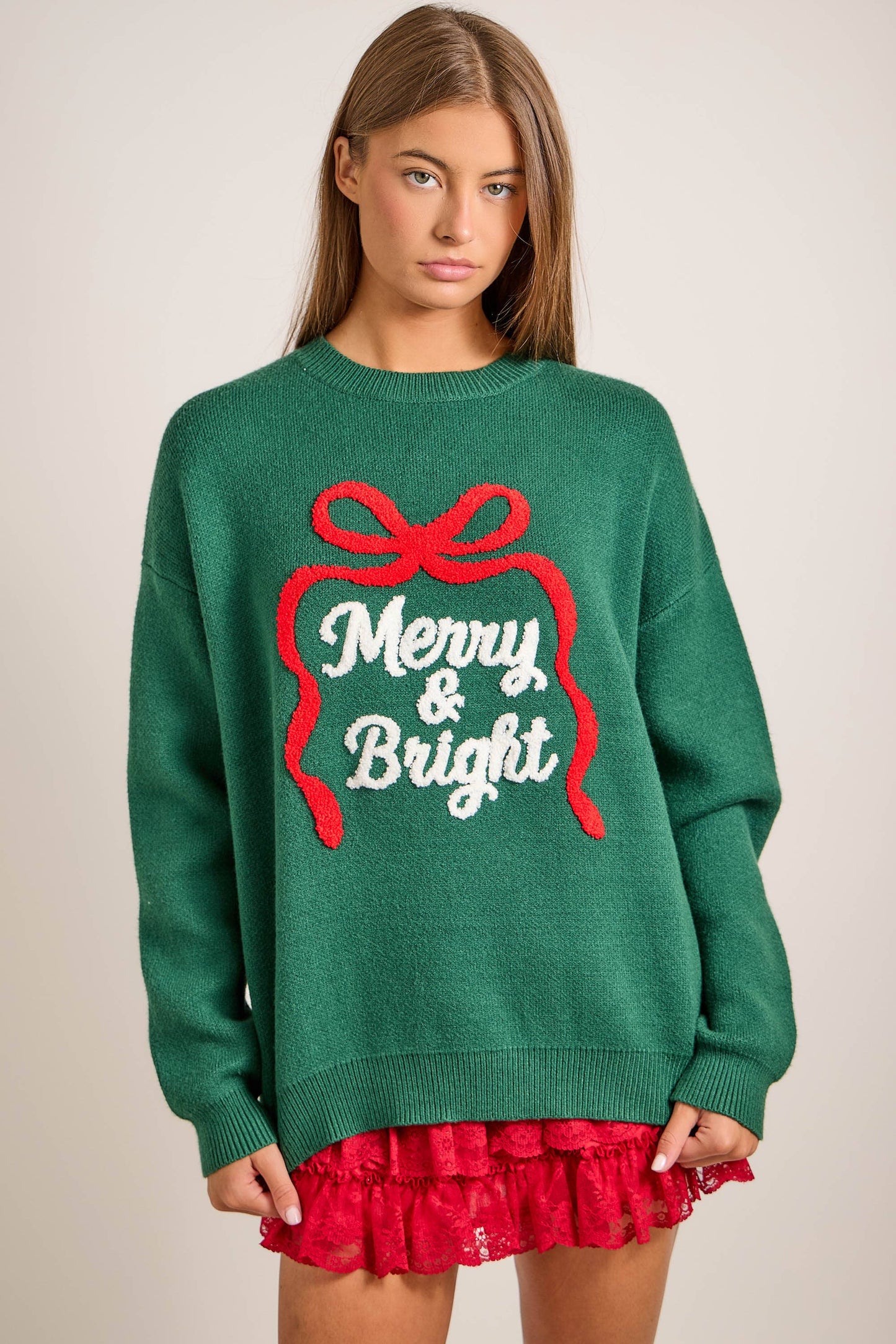 Merry & Bright Embroidered Christmas Knit Sweater
