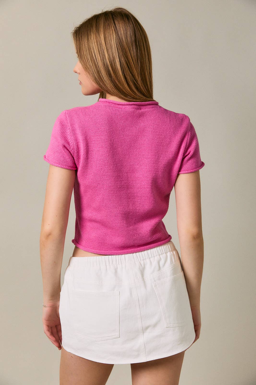 CAP SLEEVE ROUND NECK BUTTON DOWN SWEATER TOP