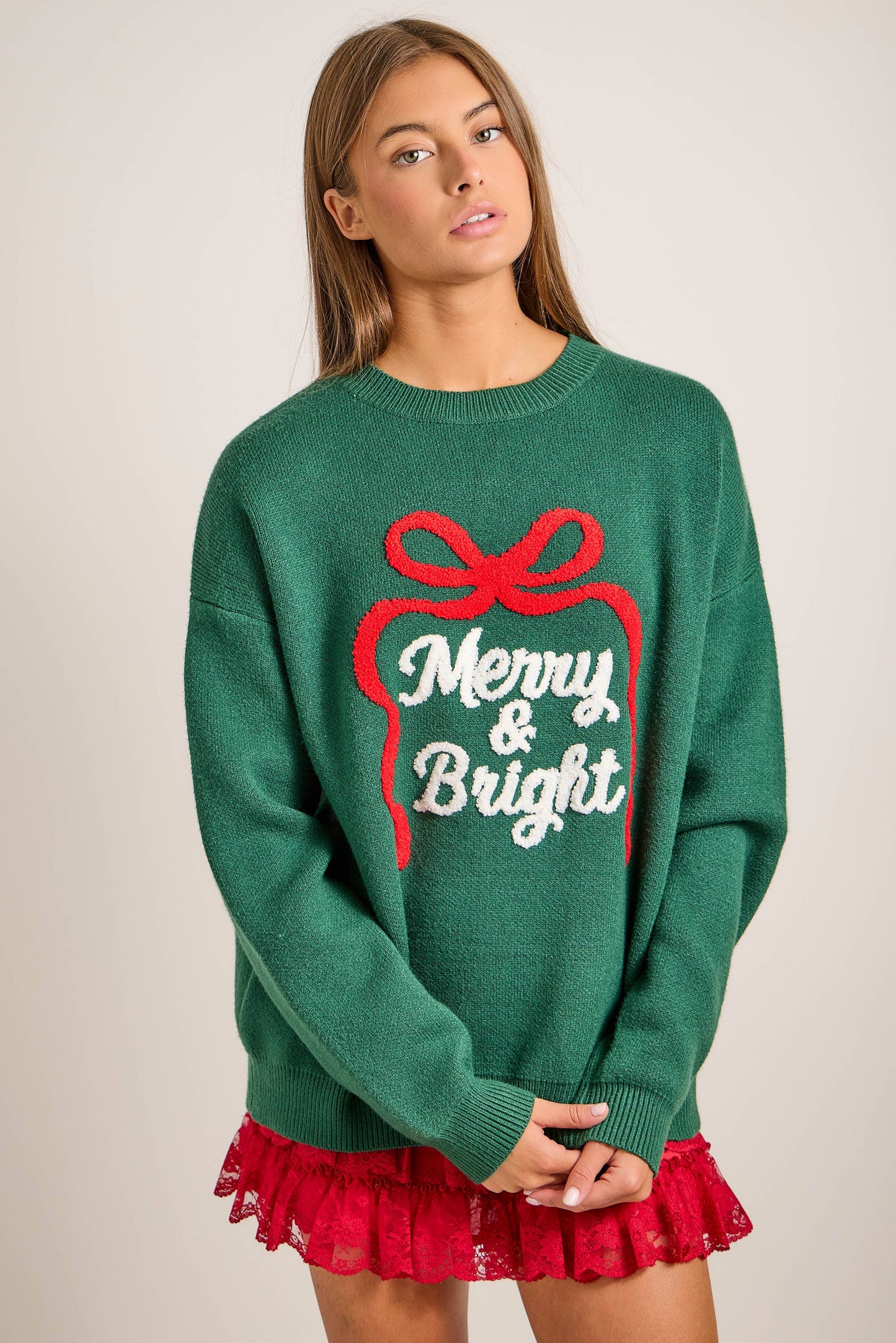Merry & Bright Embroidered Christmas Knit Sweater