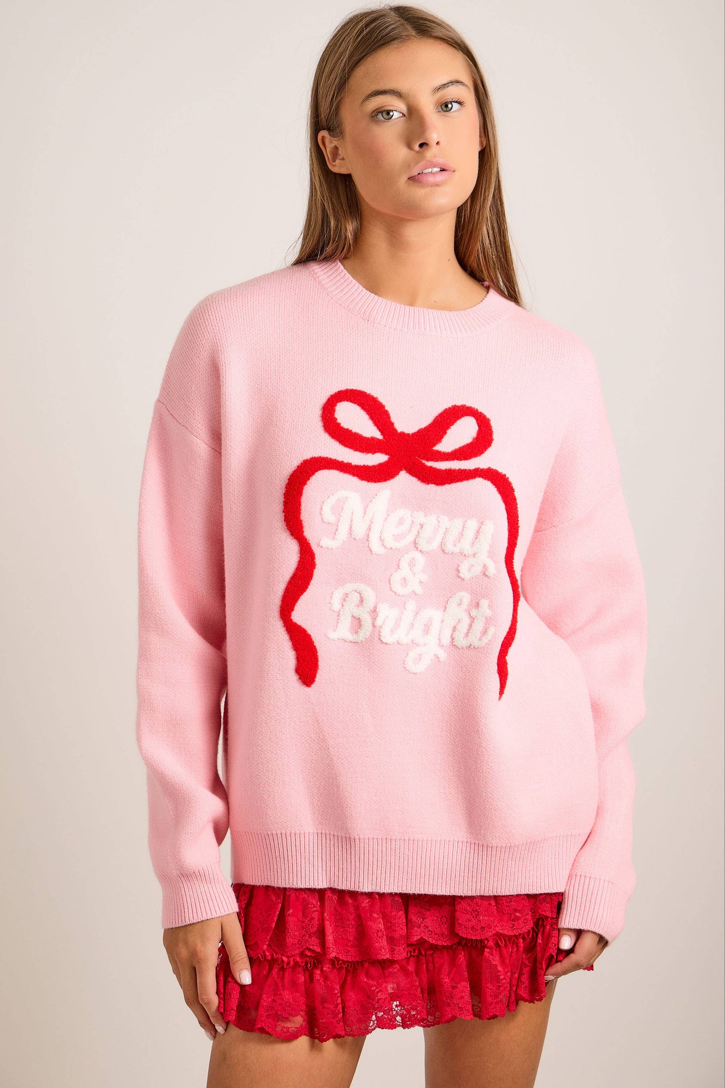 Merry & Bright Embroidered Christmas Knit Sweater