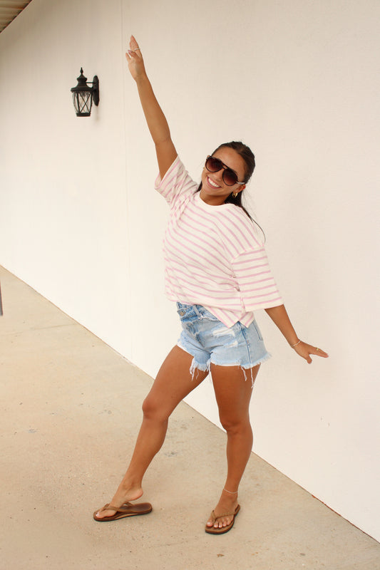 Striped Short Sleeve Terry Crew Neck Top