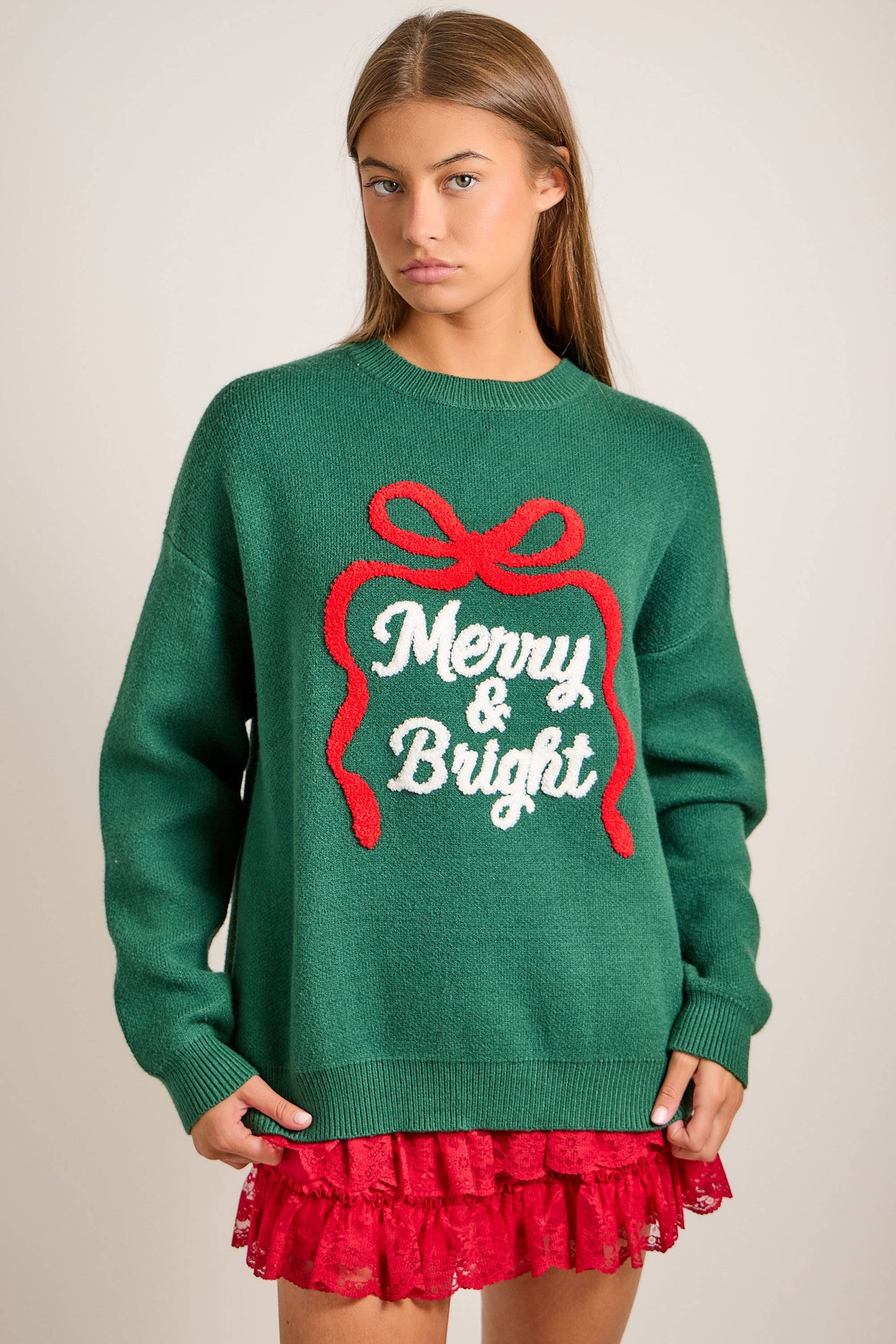 Merry & Bright Embroidered Christmas Knit Sweater