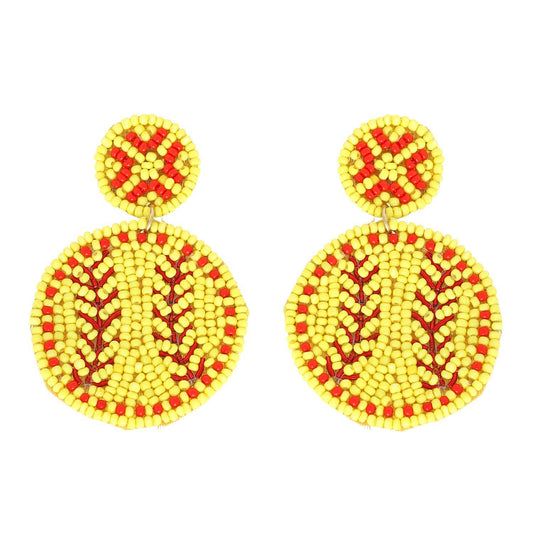 Yellow/Red Embroidery Beaded Softball Dangle Drop Earrings