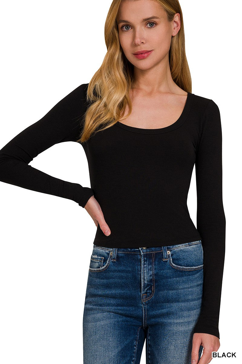 Ribbed Boat Neck Long Sleeve Top