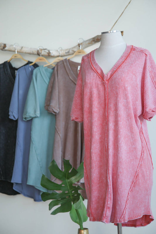 Mineral Washed Ribbed Knit Shift Mini Dress