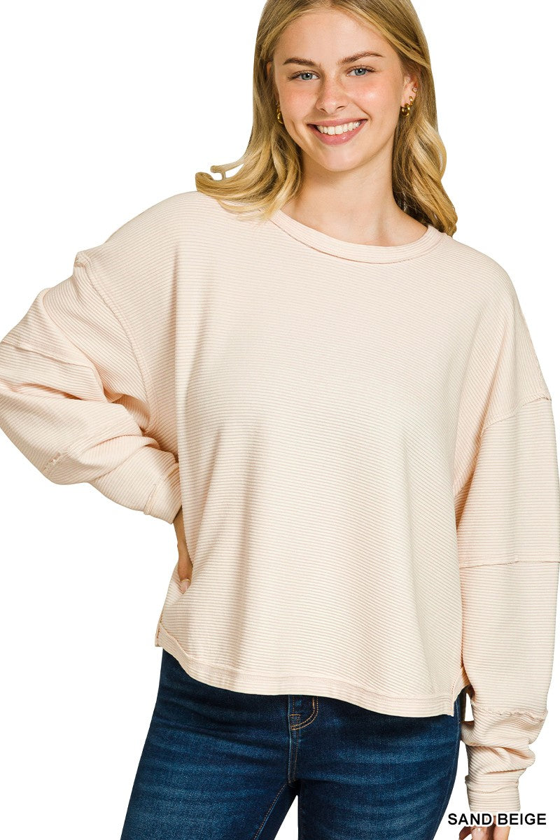 Acid Washed Double Ribbed Exposed Seam Sweater