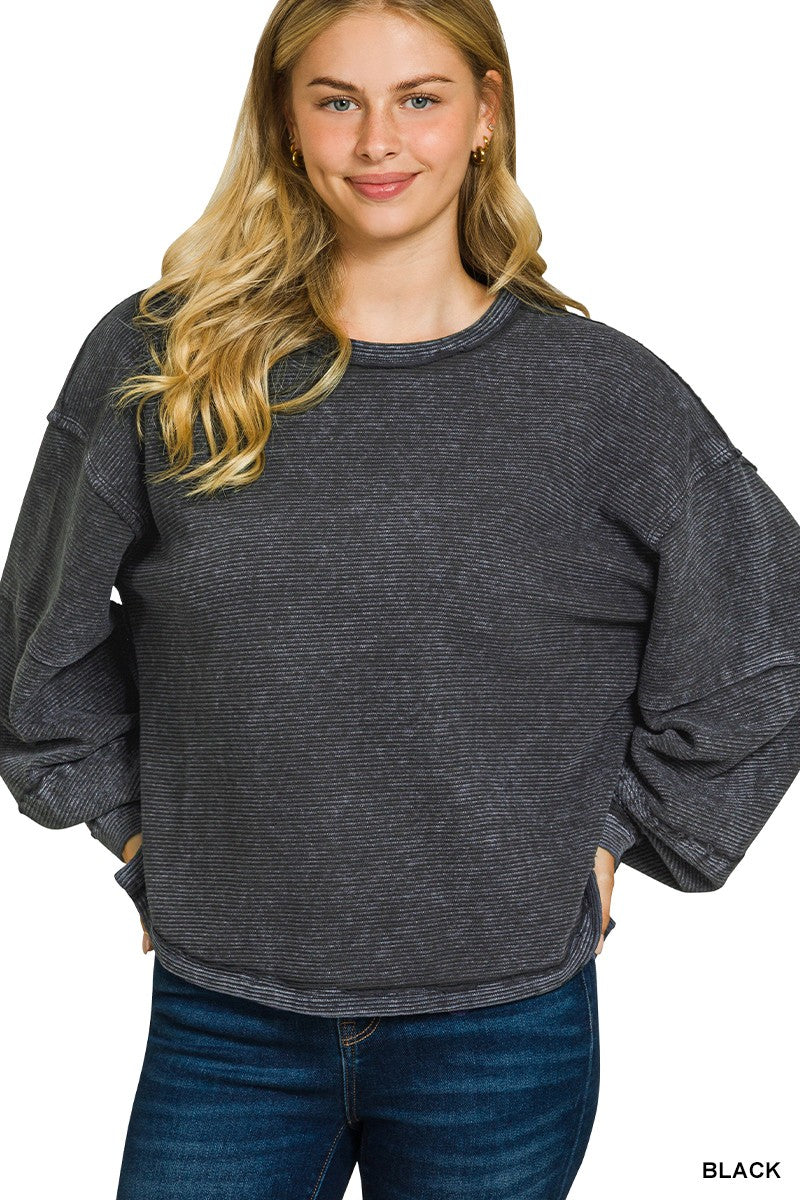 Acid Washed Double Ribbed Exposed Seam Sweater