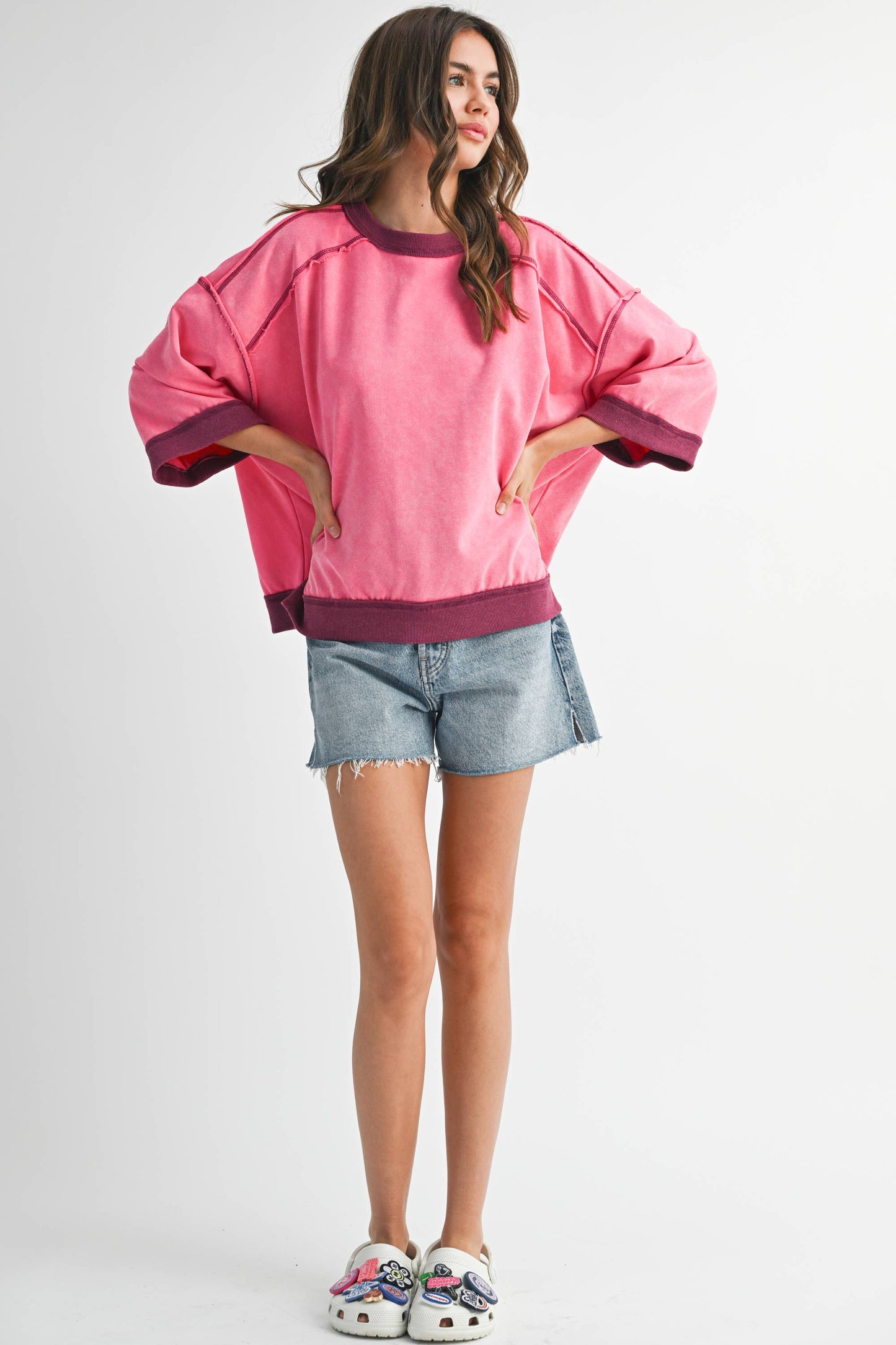 Washed Contrast Trim Boxy Sweatshirt Top