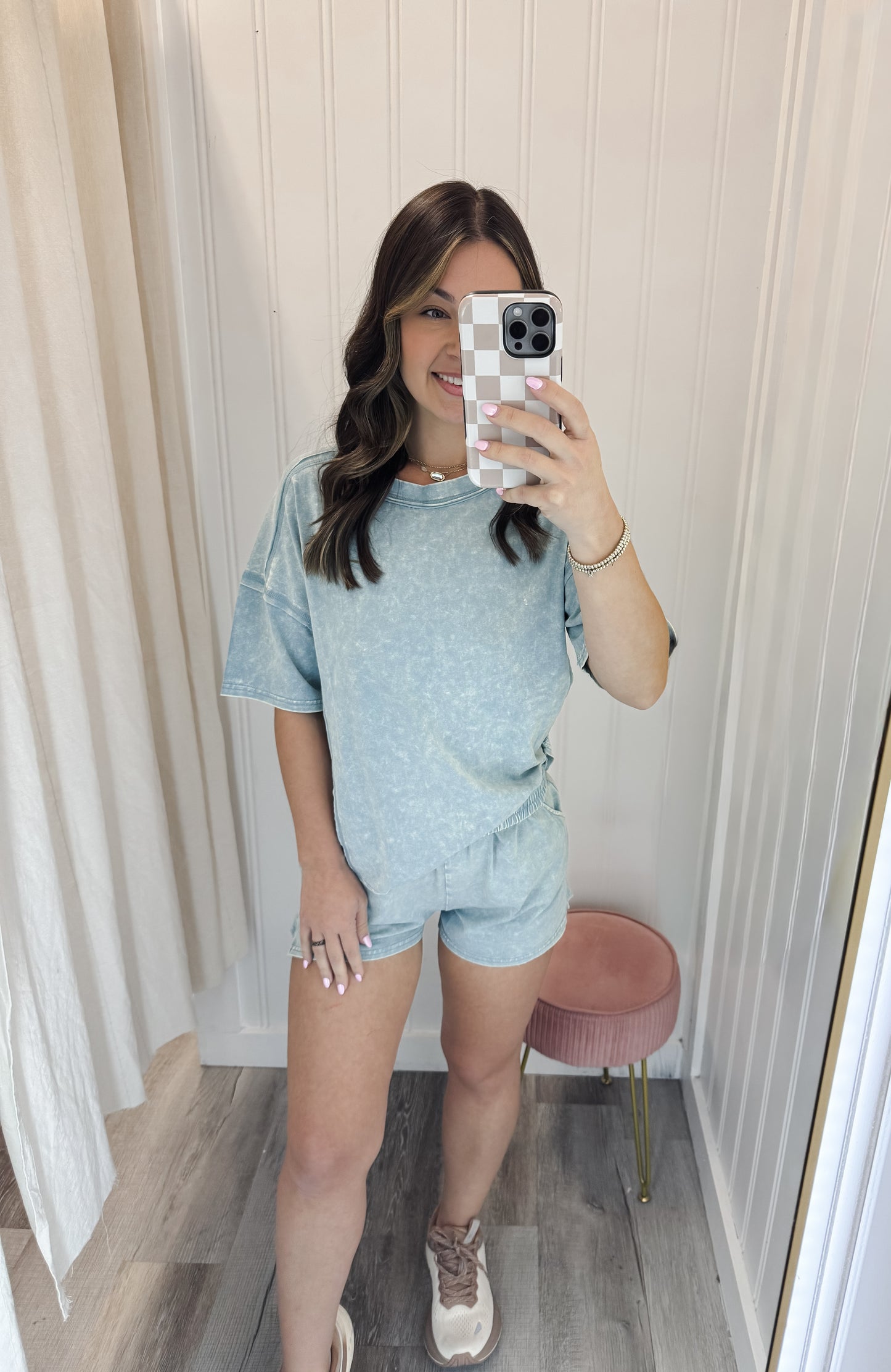 Acid Washed Blue Grey Shorts Set