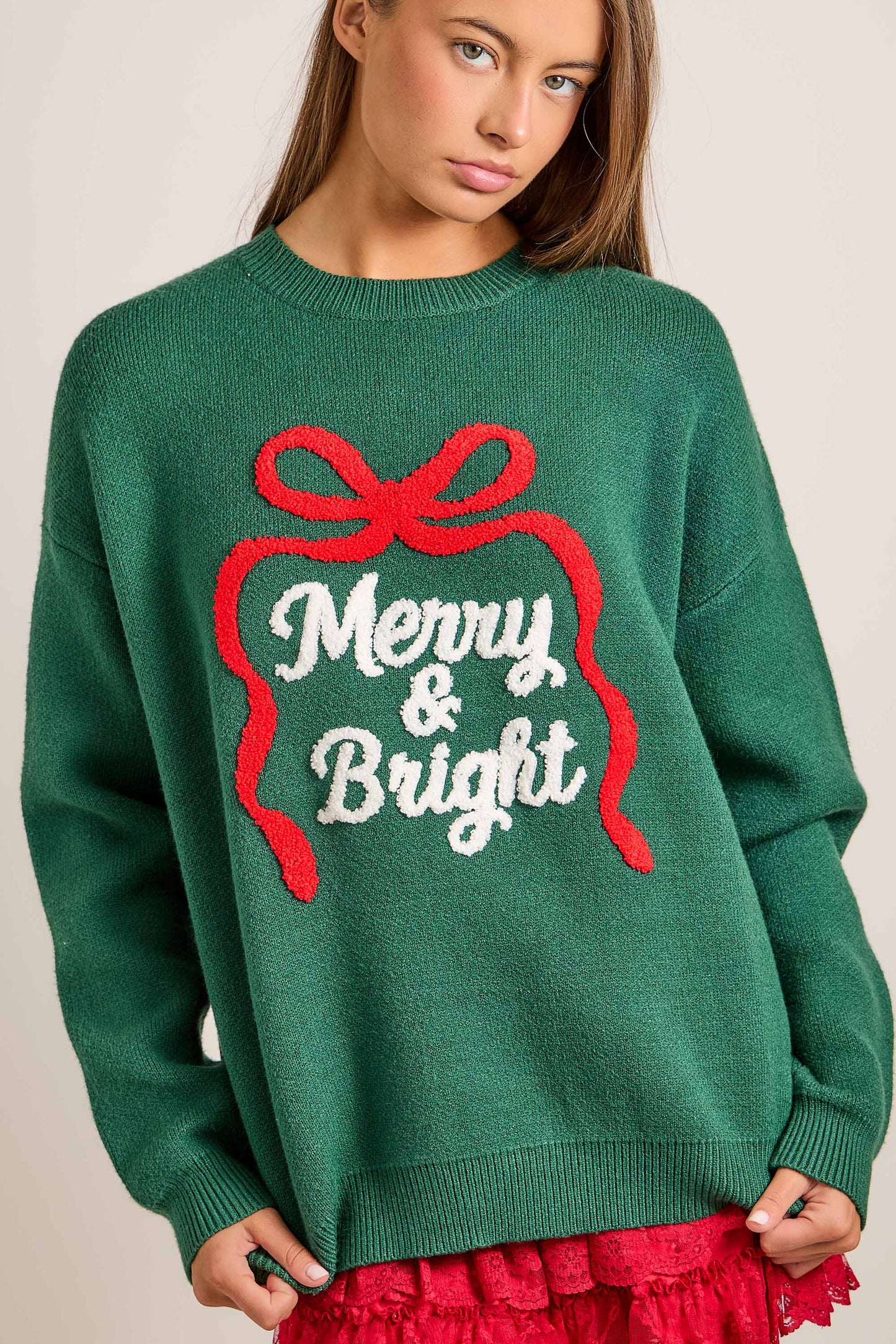 Merry & Bright Embroidered Christmas Knit Sweater