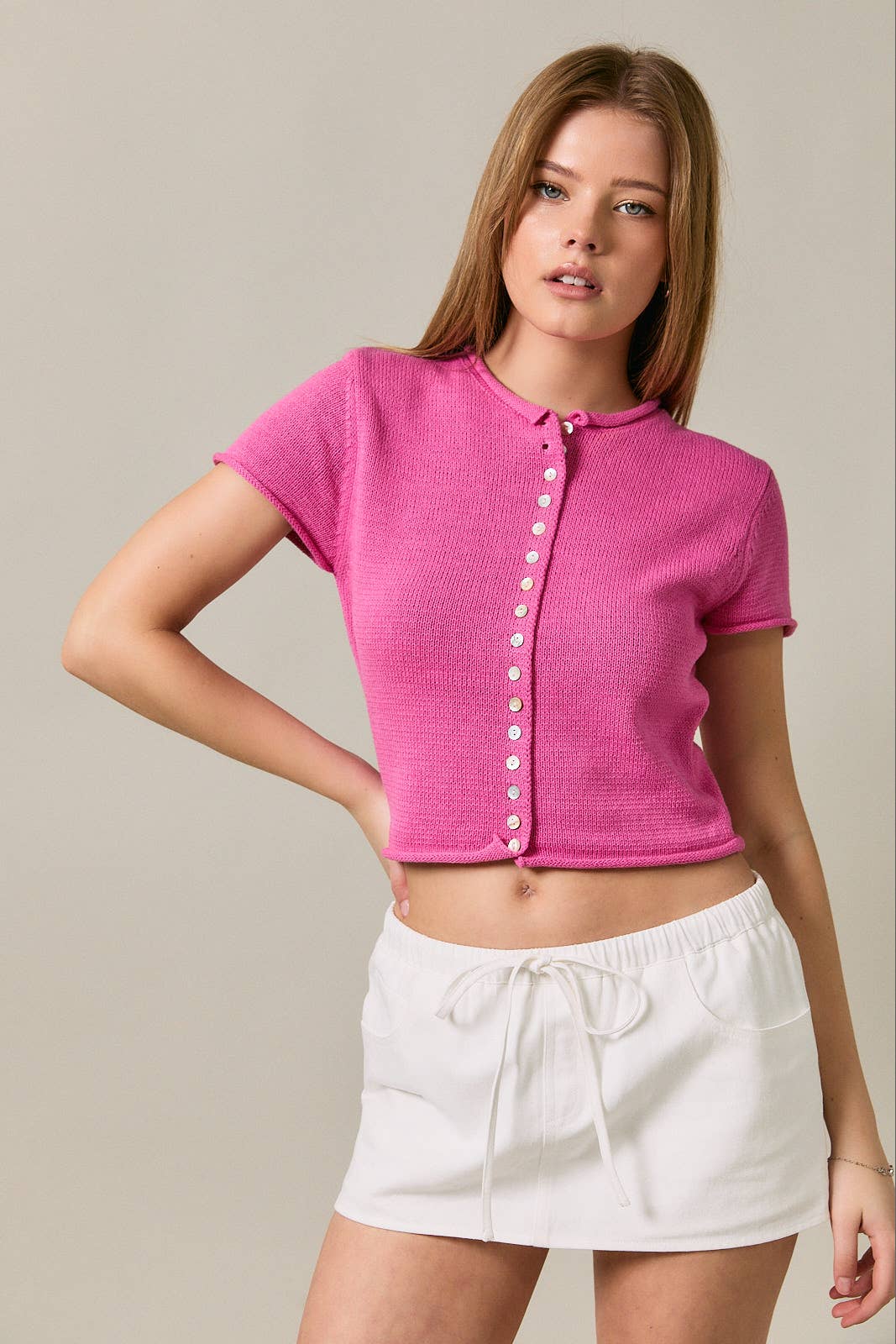 CAP SLEEVE ROUND NECK BUTTON DOWN SWEATER TOP