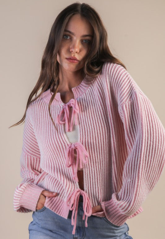 Front Tie Pink Knit Cardigan