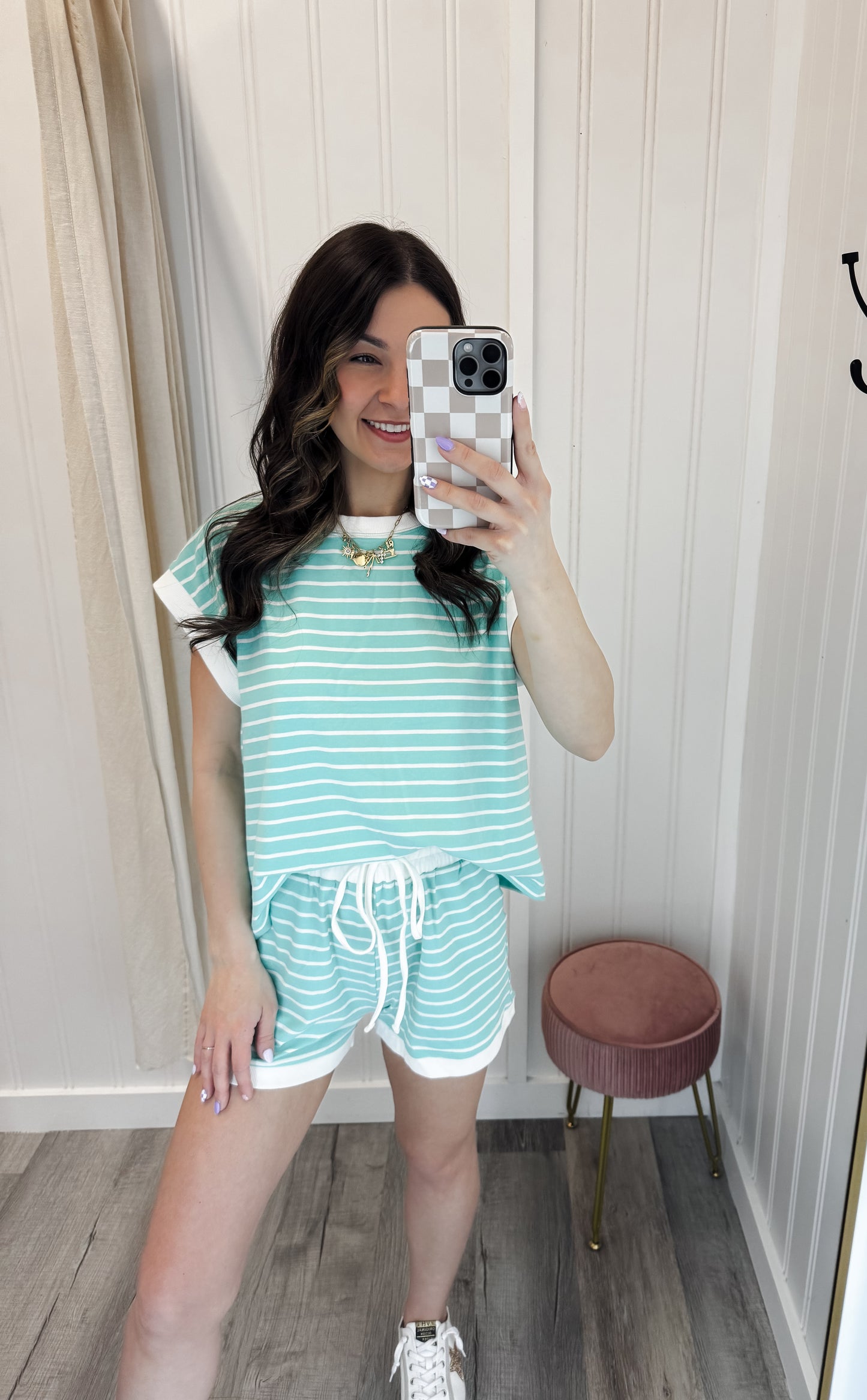 Stripe Contrast Trim Top & Shorts Set
