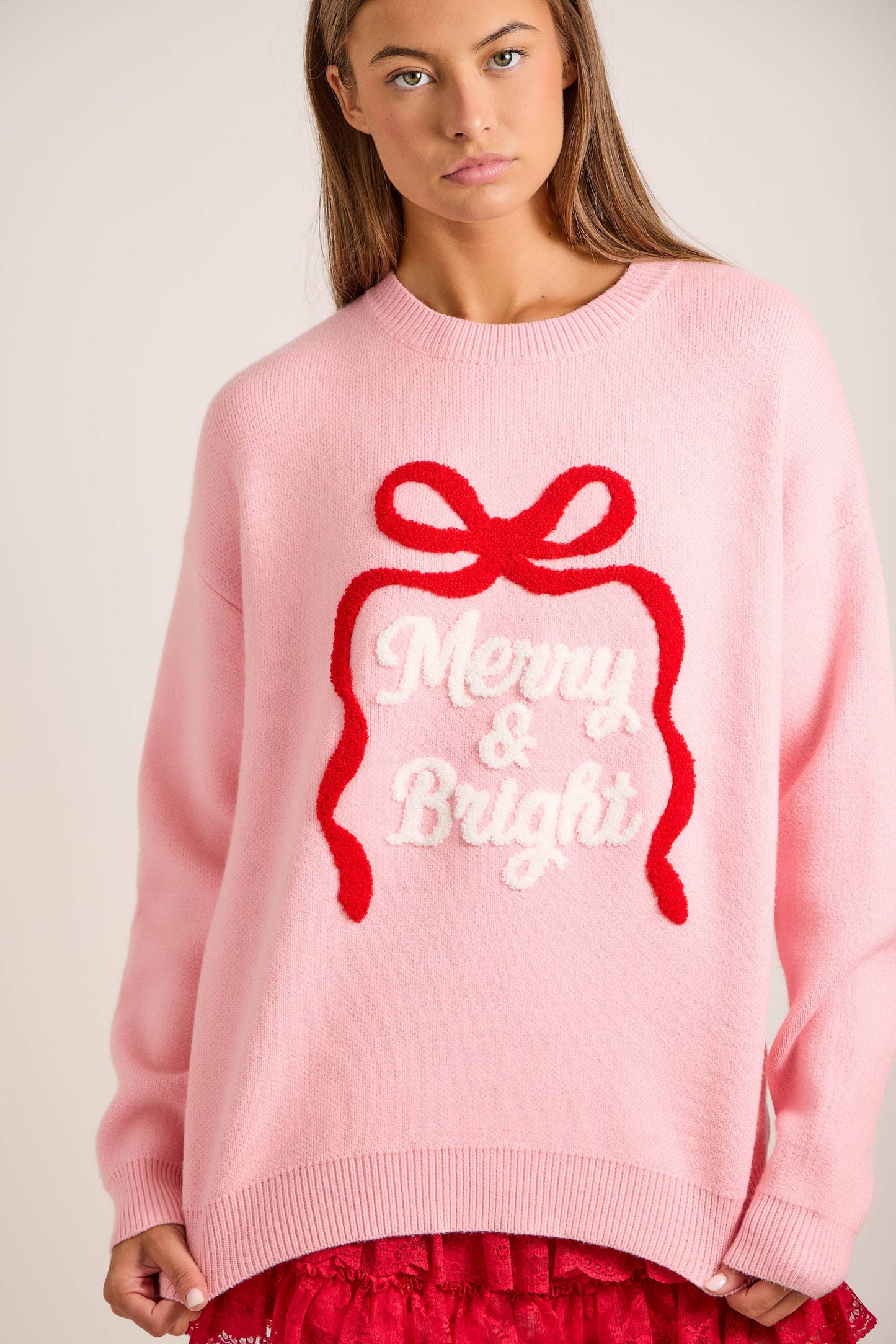 Merry & Bright Embroidered Christmas Knit Sweater