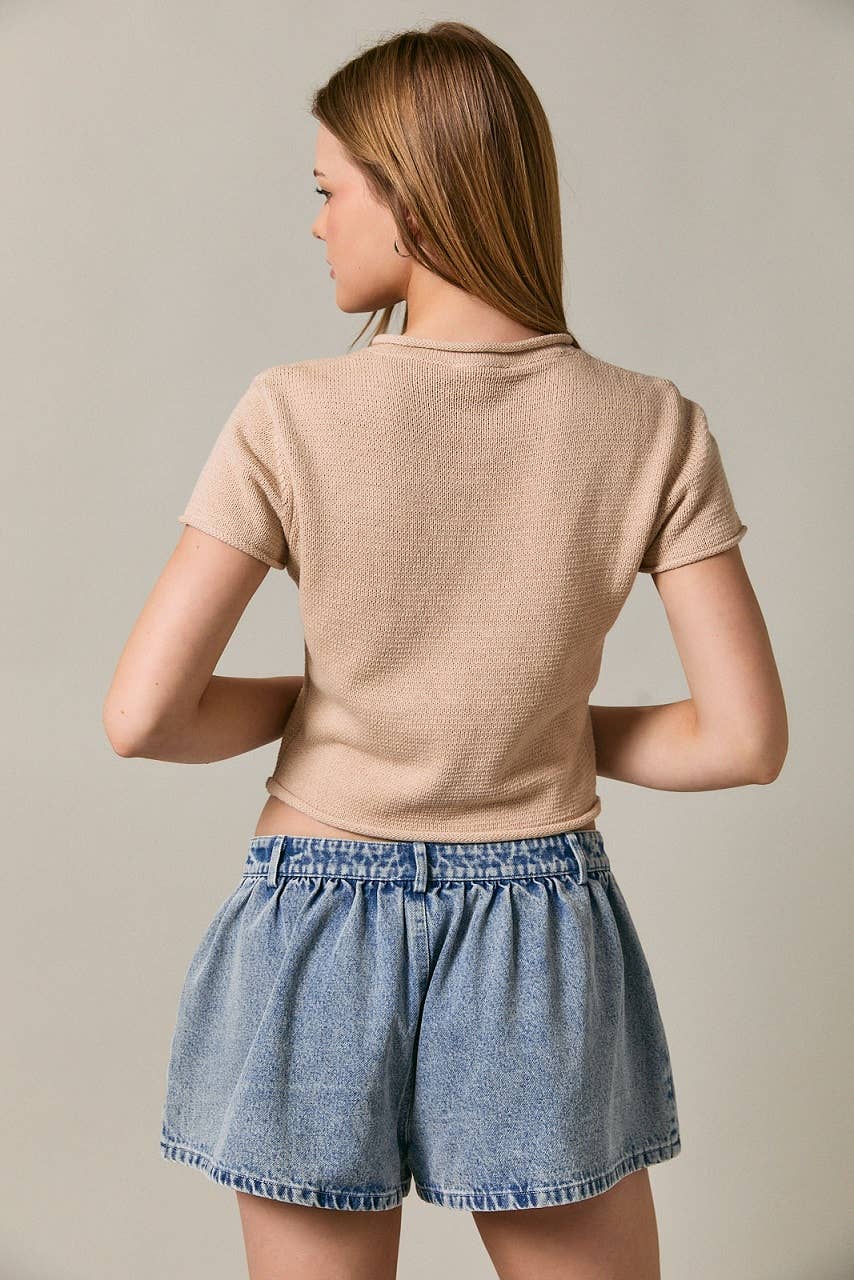 CAP SLEEVE ROUND NECK BUTTON DOWN SWEATER TOP