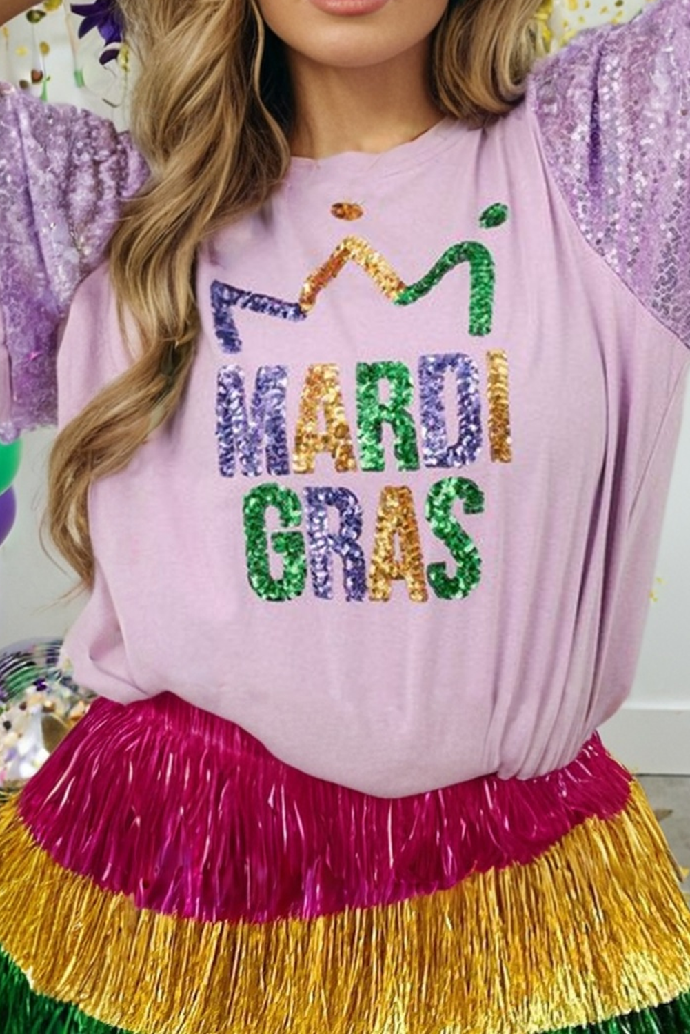 LDC Sequined MARDO GRAS Graphic Patchwork T Shirt