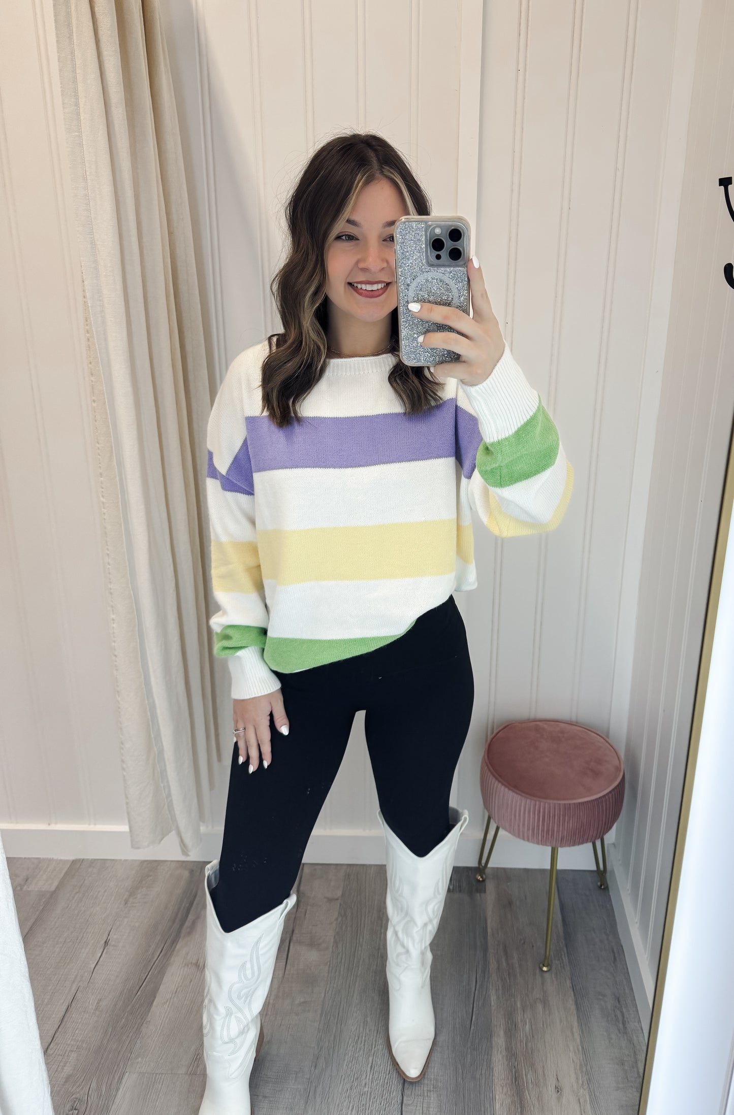 Mardi Gras Color Block Boat Neck Knitted Sweater