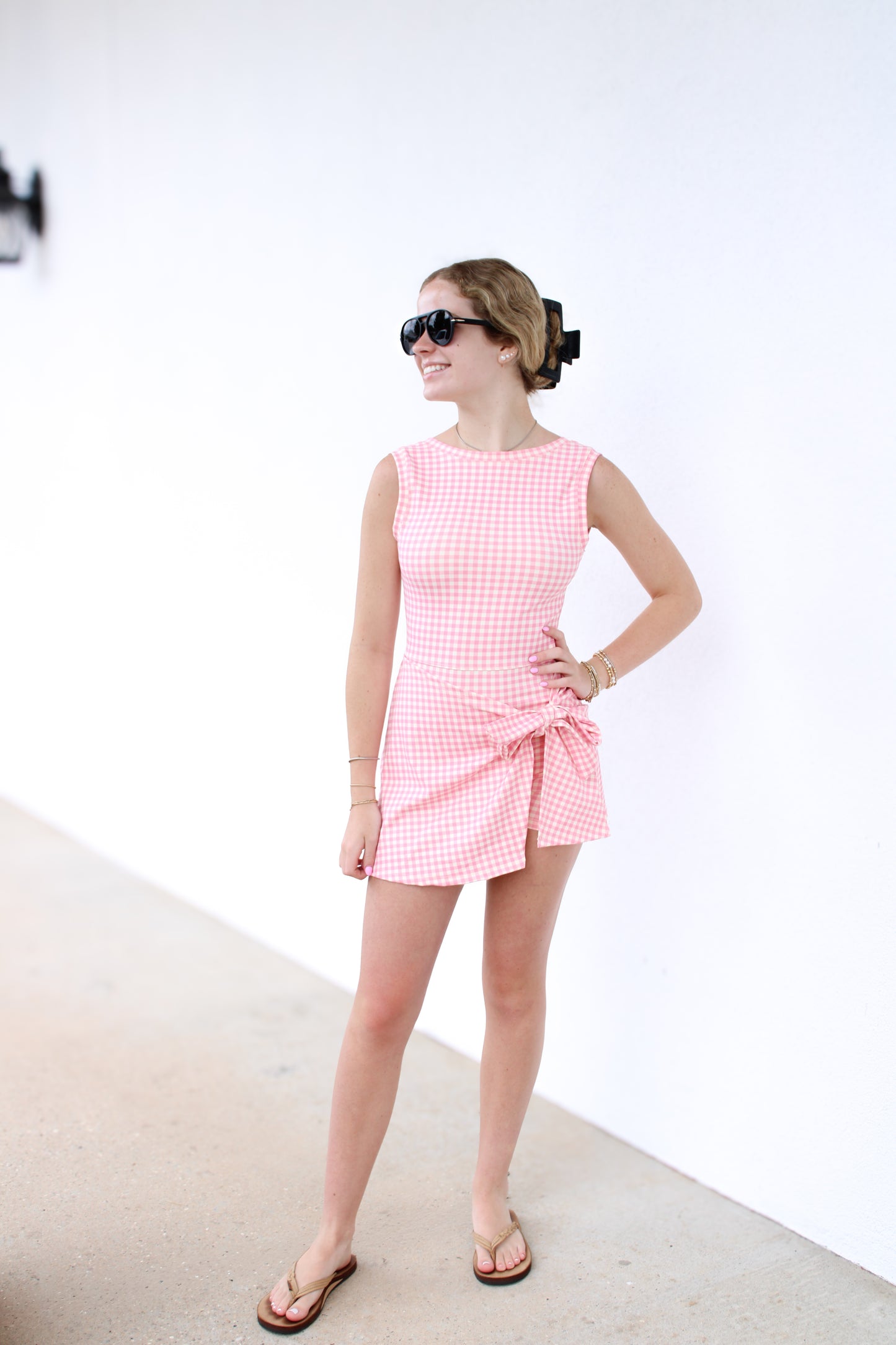 Gingham Print Sleeveless Wrap Tie Front Dress