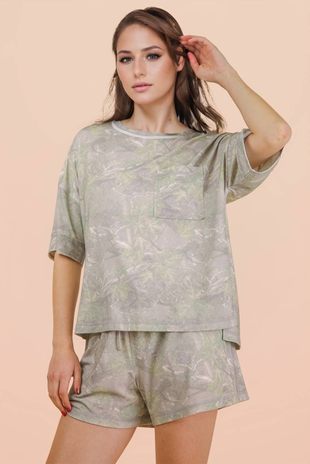 Camo Print Knit Top & Shorts Set