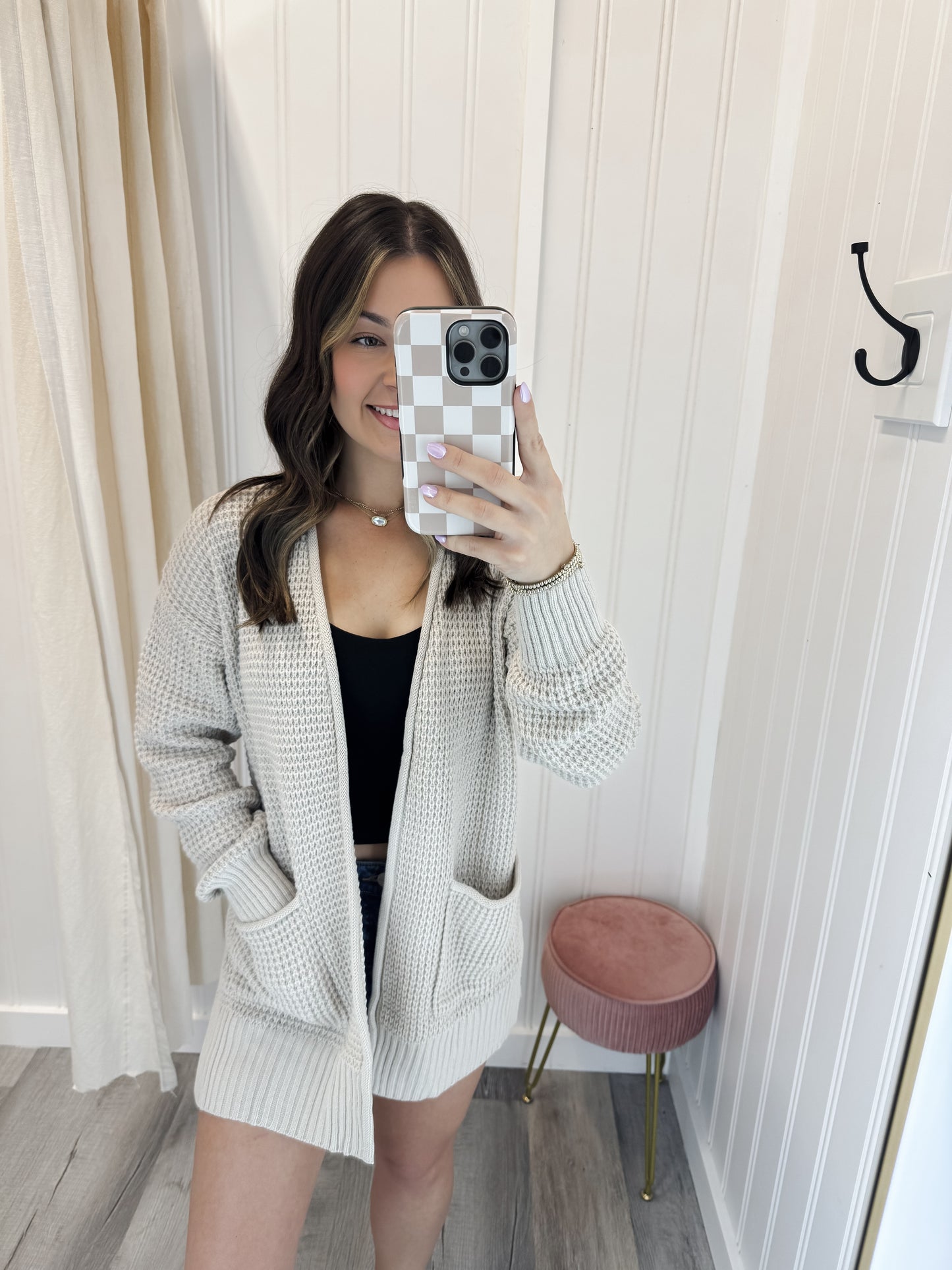 Beige Waffle Knit Cardigan