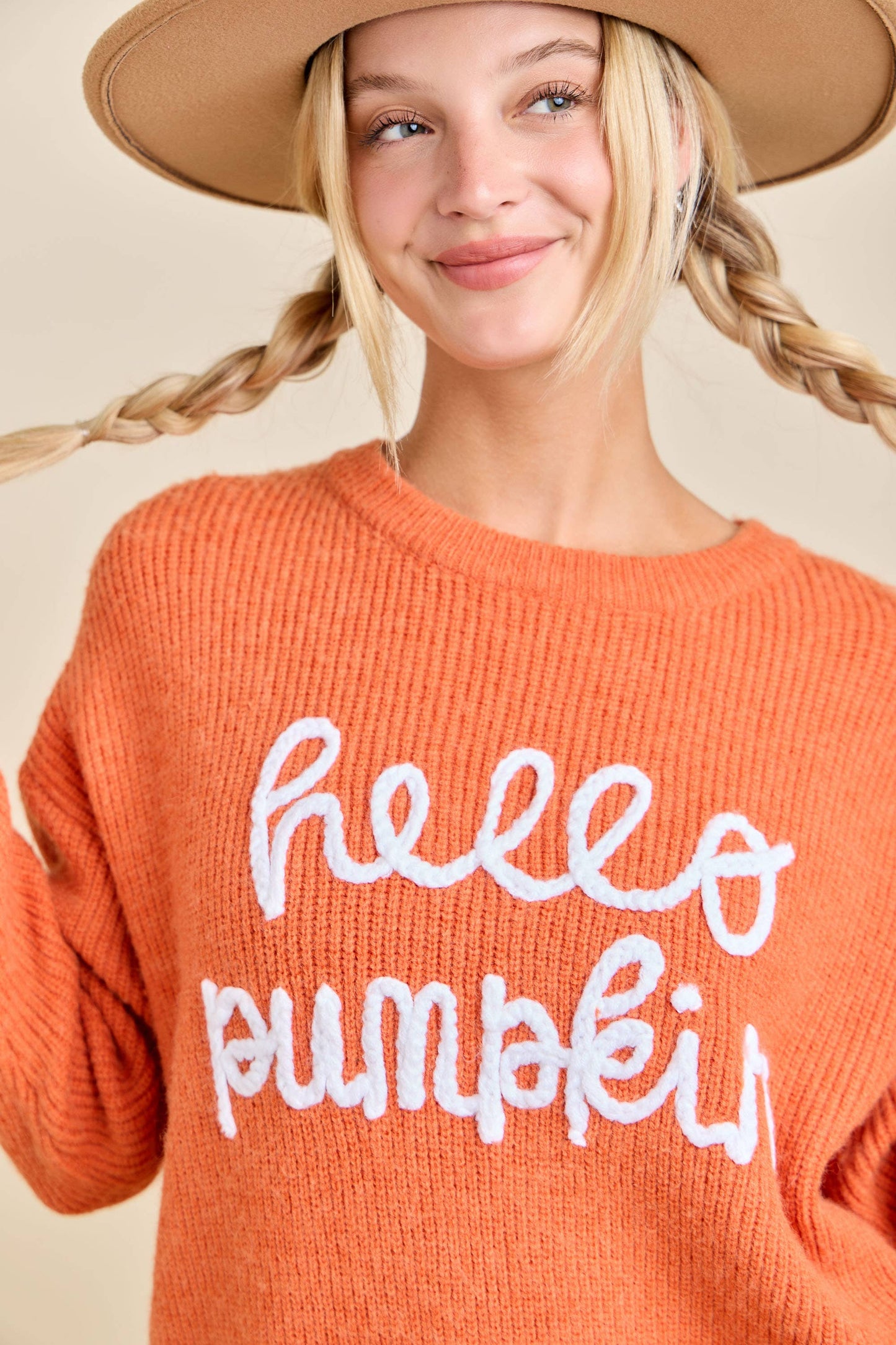 Hello Pumpkin Embroidered Knit Sweater – Fall Cozy Pullover