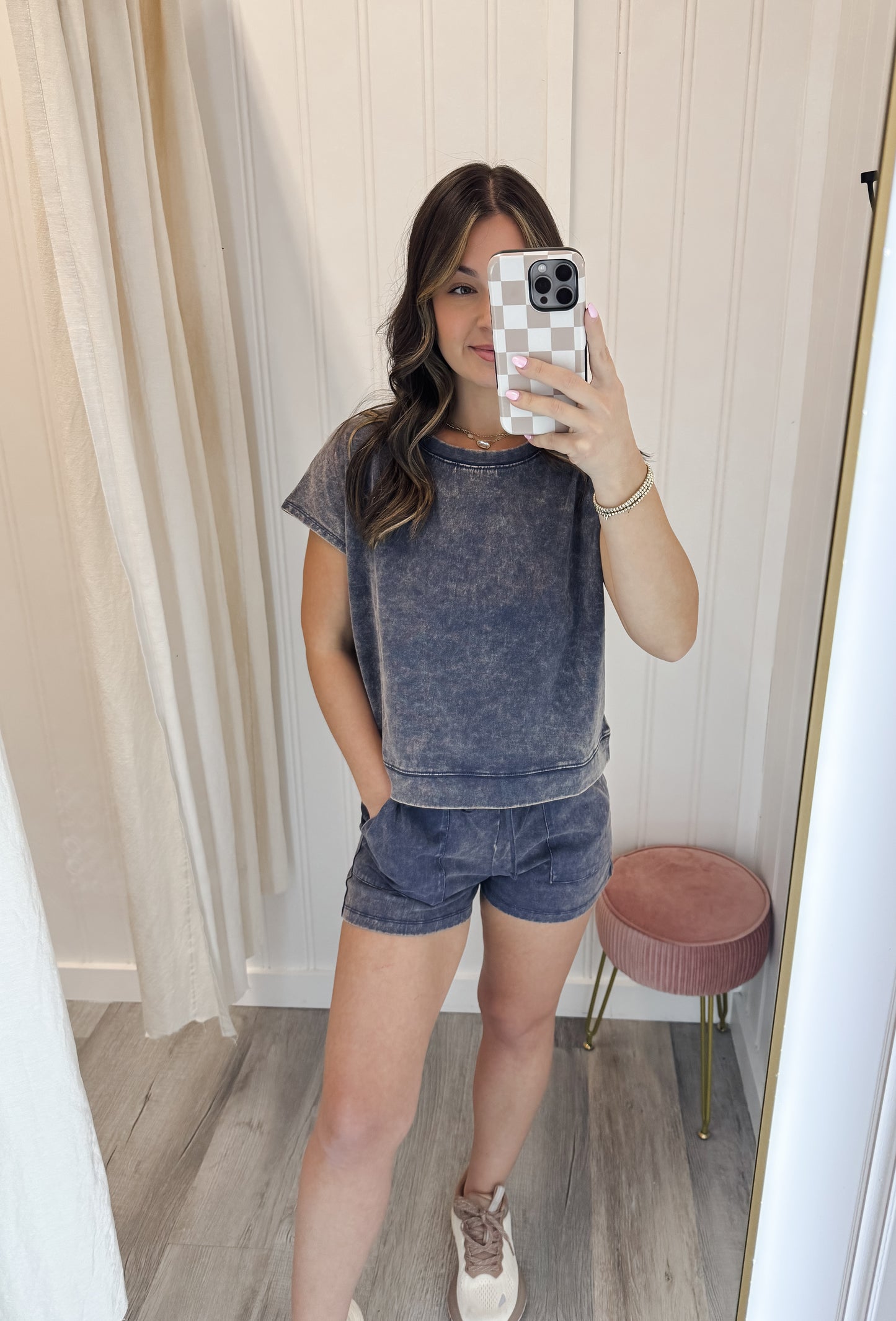 Acid Washed Sleeveless Shorts Set
