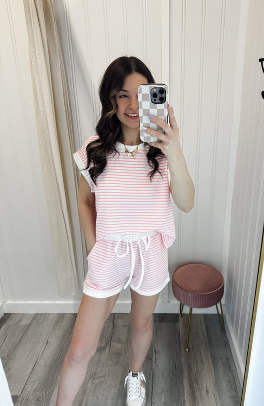 Stripe Contrast Trim Top & Shorts Set