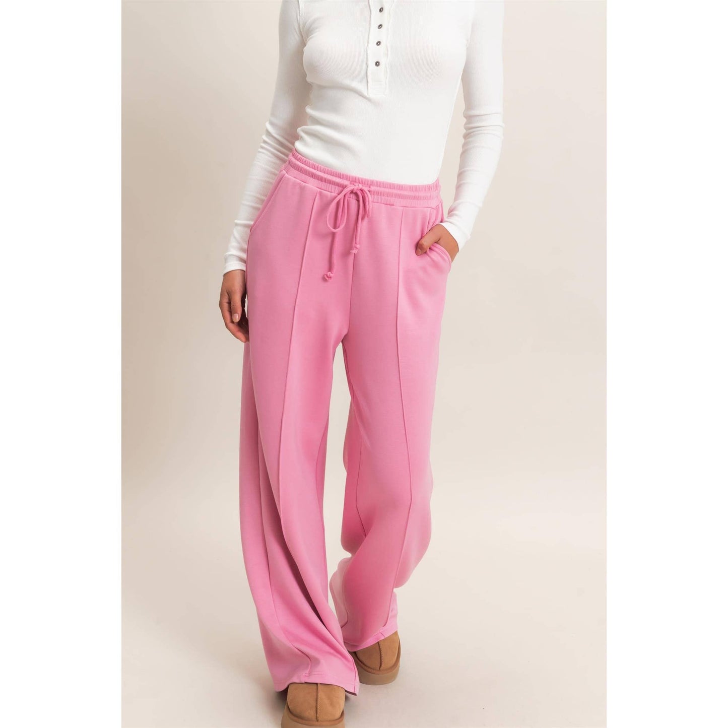 Drawstring Waist Pintuck Wide Leg Pants