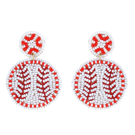 White/Red Embroidery Beaded Softball Dangle Drop Earrings