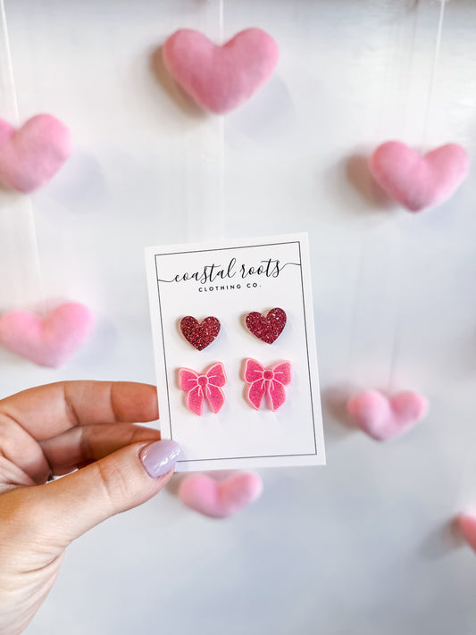 Glitter Heart & Bow Stud Earrings