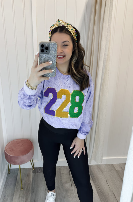 228 Mardi Gras Chenille Patch Comfort Color Sweatshirt