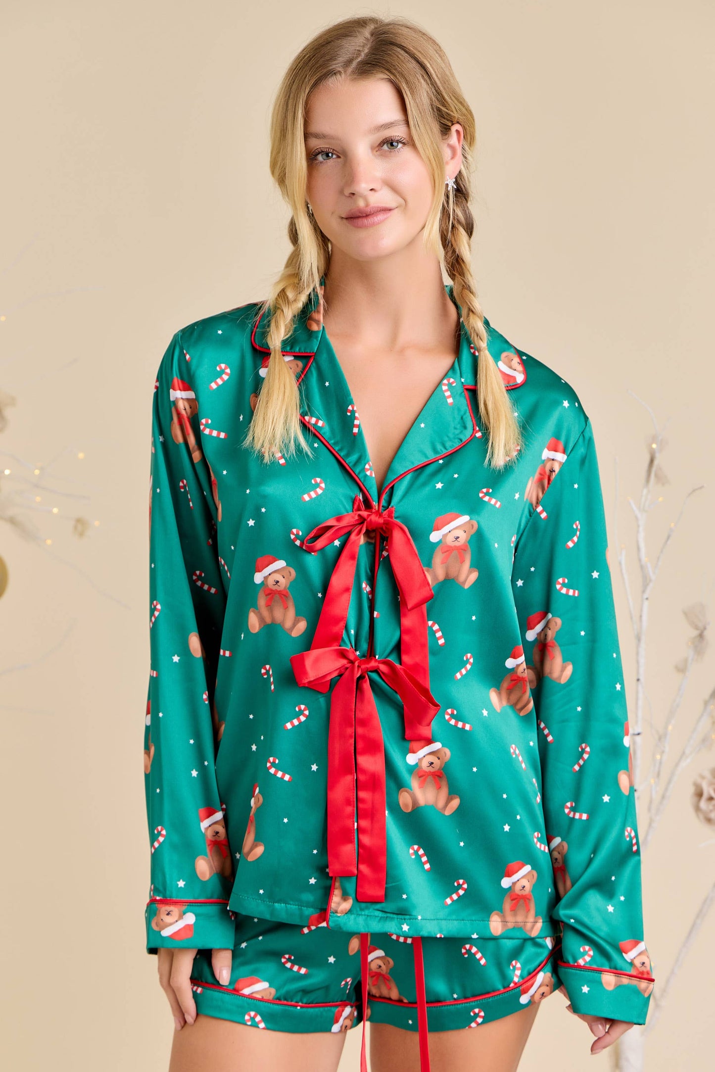 Green Teddy Bear Satin Pajama Set with Red Bow